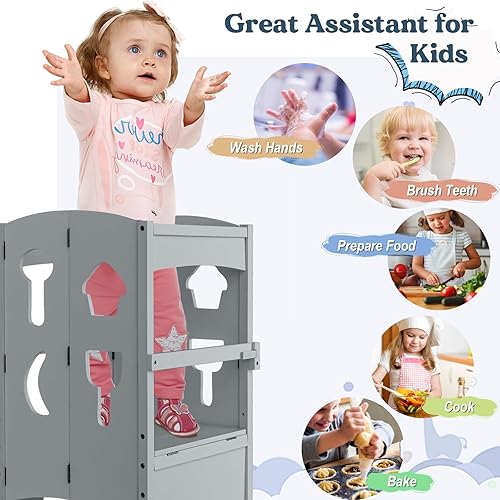 Miniatura 7 de Costzon Taburete de cocina para niños, taburete plegable de madera con riel de seguridad bloqueable, plataforma ajustable de altura de 2 niveles