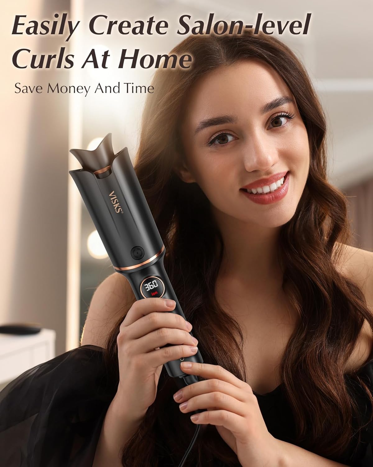 Automatic Rotating Curling Iron – VISKS V668 Pro Ceramic Hair Curler with Keratin-Coated Barrel, Digital Temperature Display, Anti-Scald, 590M Ionic, Tangle-Free, Dual Voltage, 1.5 Inch - Image 2