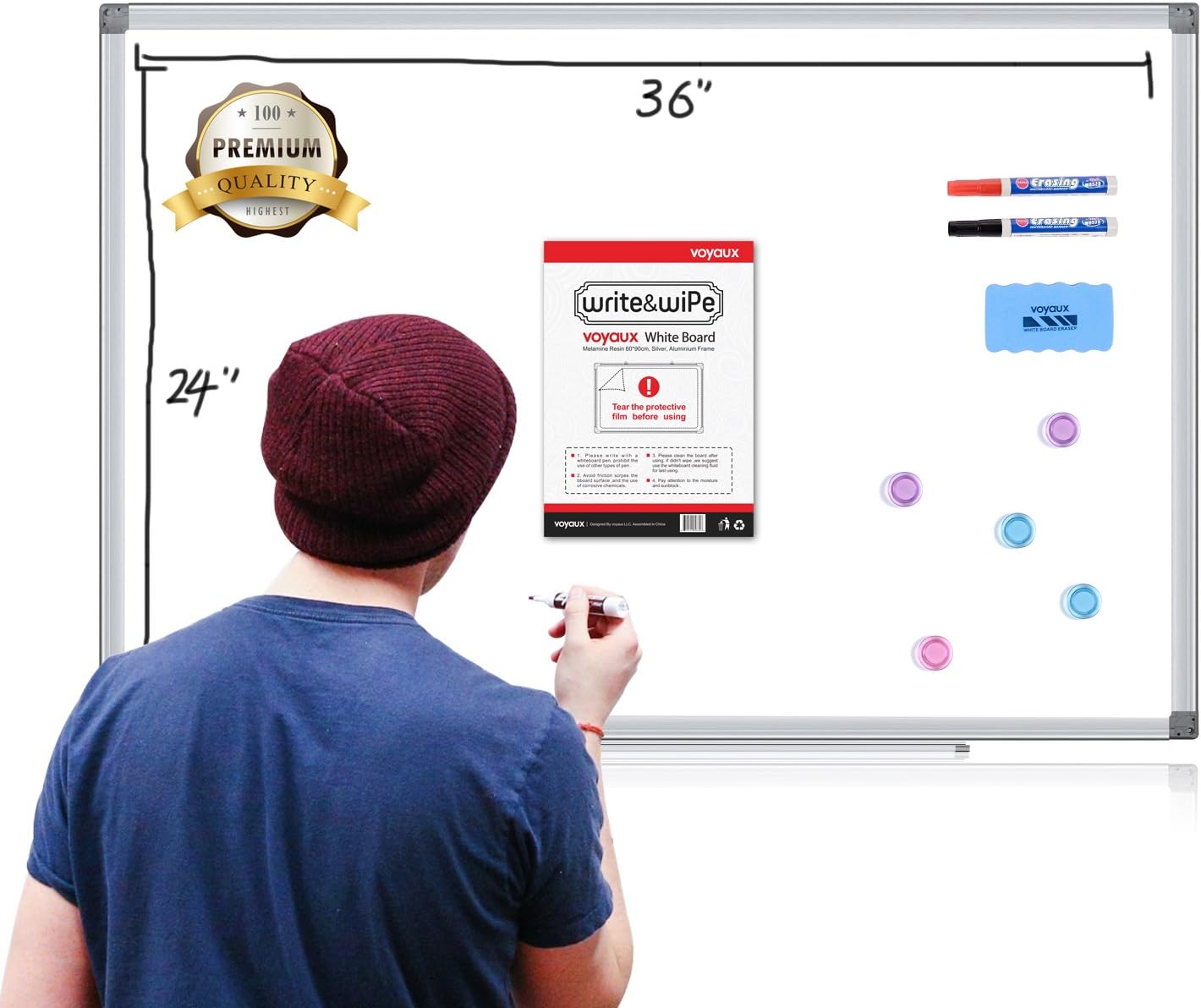 Dry Erase Board, White Board Silver Aluminum Frame, 36 x 24 Inches, Megnetic Board & Office Accessories(BONUS 2 Marker Pens,1 Whiteboard Pen& Pen Tray, 5 Pack Magnets & Eraser)