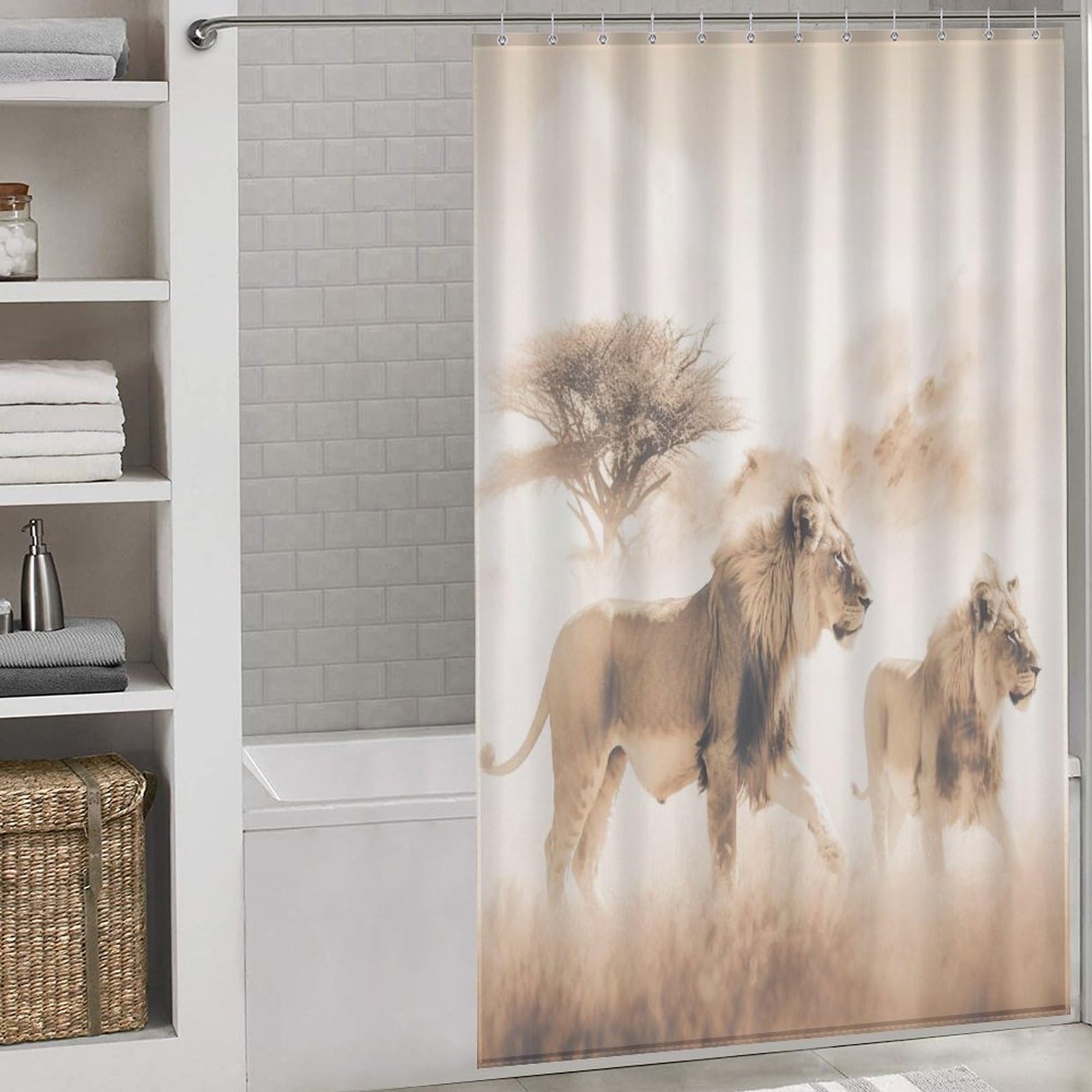 Rideau de douche lion pour une ambiance savane unique dans votre bain