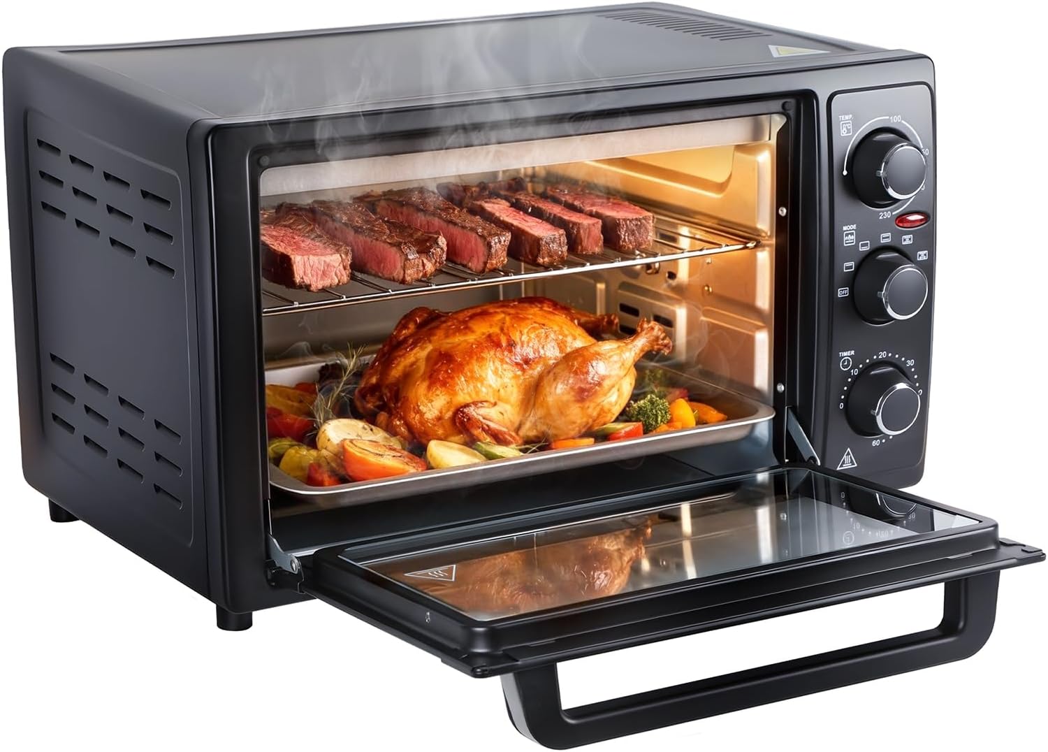 Toaster Oven, 32L Convection Oven Countertop with 1500W Even Heating, 60-Min Timer and Accessories for Baking Roasting Toasting, Stainless Steel Electric Ovens for Family Kitchen Black