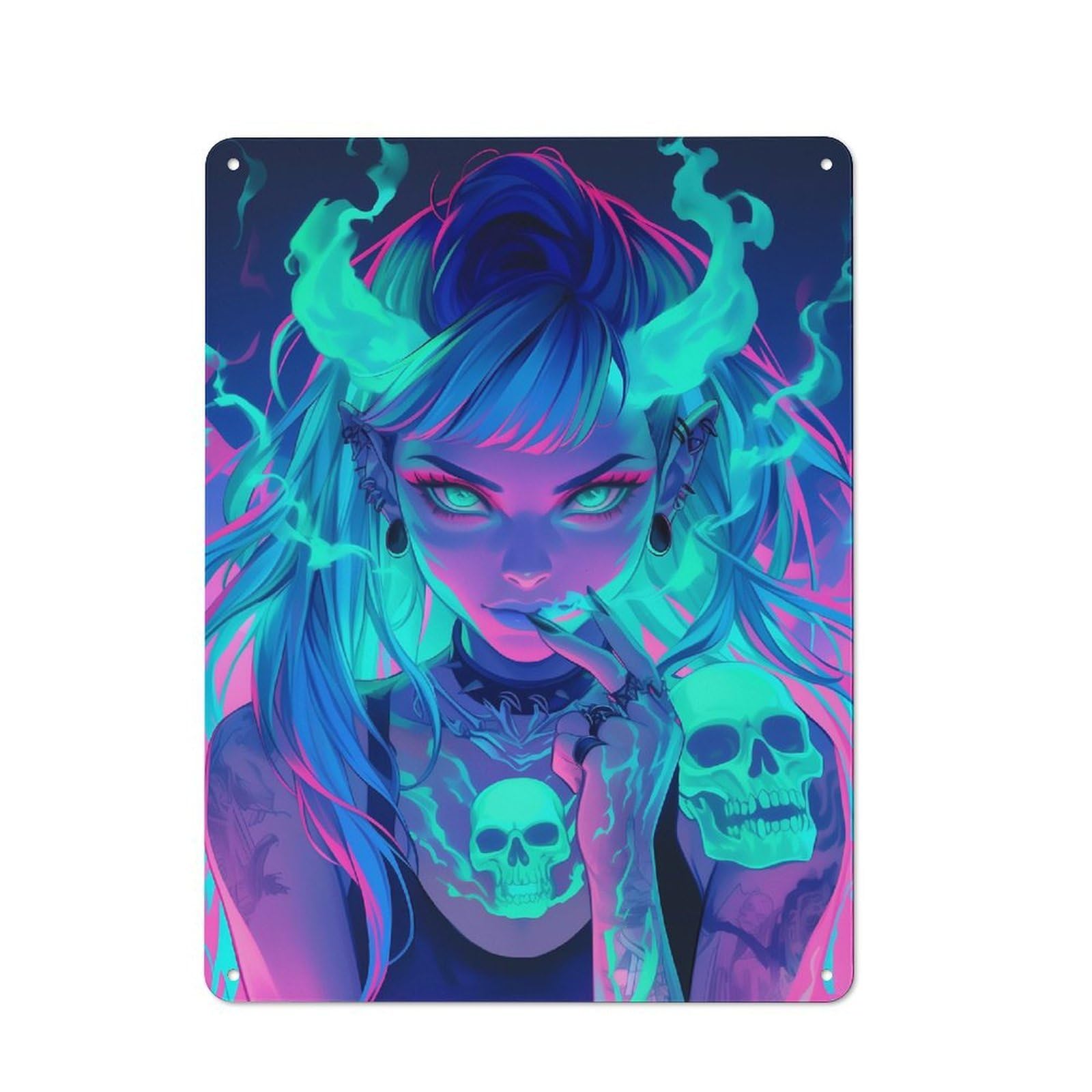 Vintage Tin Sign with Neon Demon Girl Design 40x30cm, Nostalgic Nostalgic Wall Art for Living Room, Hallway, Kitchen Or Cafe