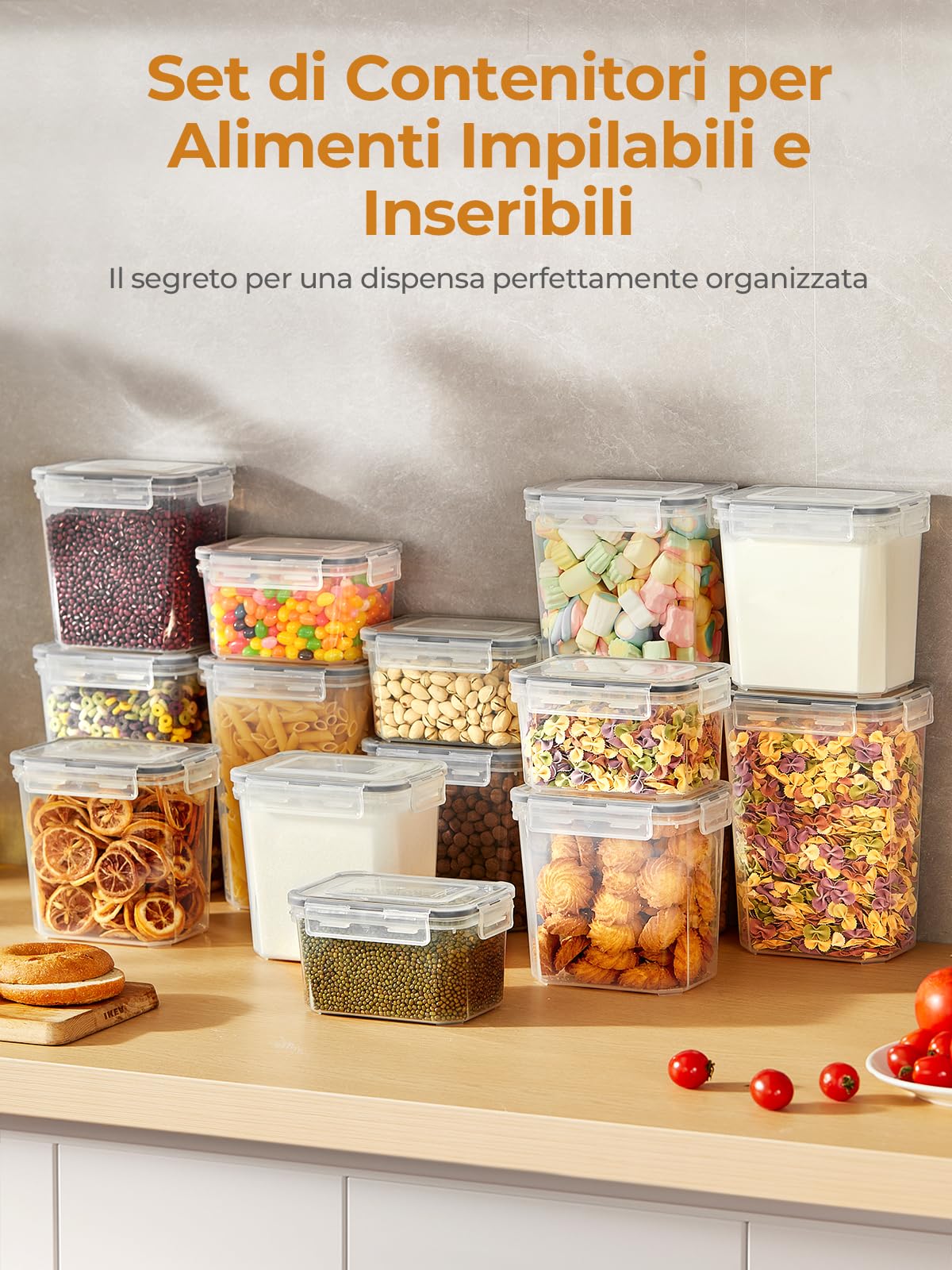 FOHERE Contenitori Ermetici per Alimenti con Coperchio 16 Pezzi, Contenitori Ermetici Plastica Senza BPA, Contenitori per Alimenti Organizzatore Cereali, Muesli, Farina, Trasparente