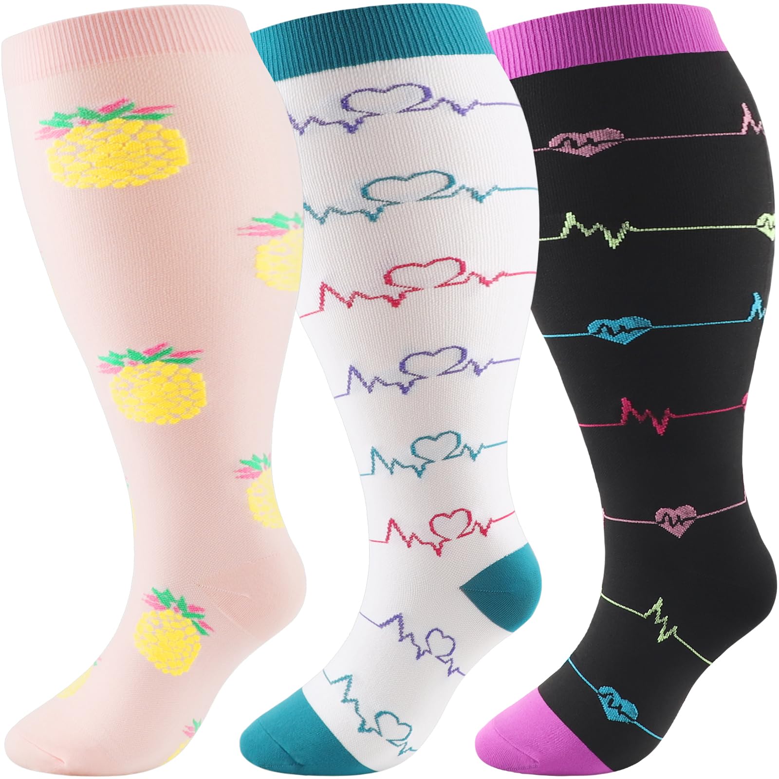 Dreshow Women's 3 Pairs Plus Size 57-06 Plus Size Compression Socks For Men Wide Calf Extra 20-30Mmhg Knee High Socks Support For Circulation