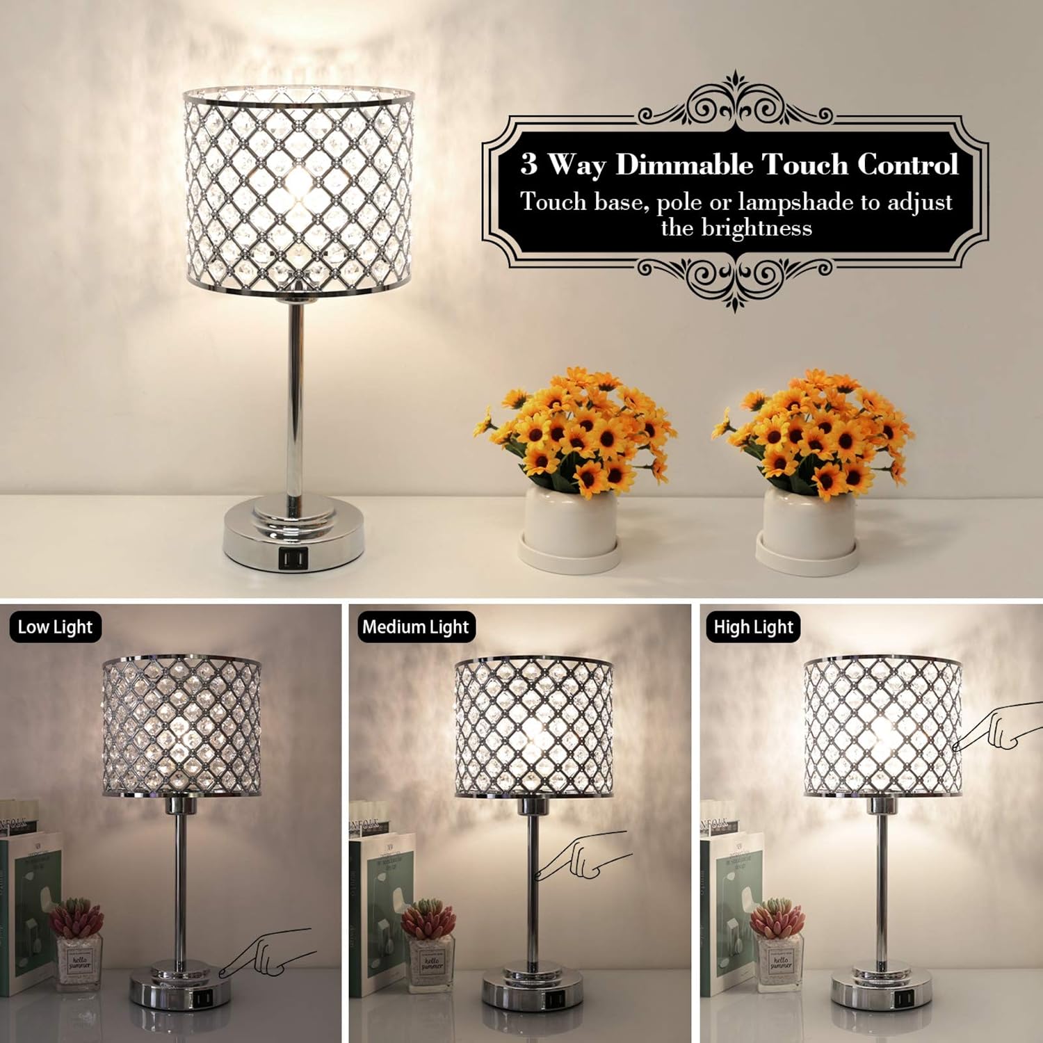 Crystal Table Lamp with 2 USB Ports, 3-Way Dimmable Bedside Touch Lamp Decorative Nightstand Lamp Silver Crystal Lamp Shade Accent Bedside Light for Bedroom Living Room Dresser, 6W 4000K Bulb Included