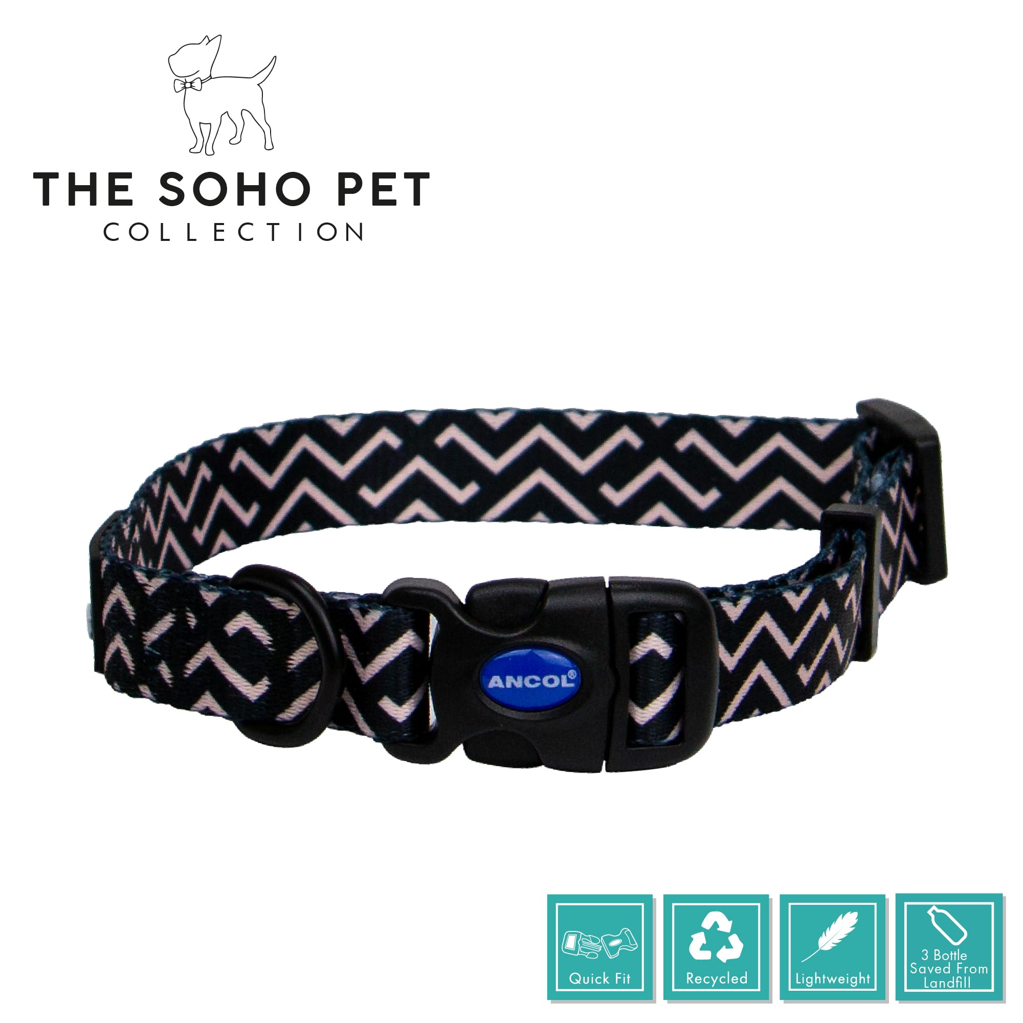 Ancol Soho Round Dog Collar Zigzag Patterned, 100% Recycled Fabric Comfortable Pet Accessory - Image 3