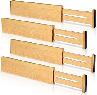 4 Pack Bamboo Drawer Dividers 2.6" High, Adjustable Length from 12 Inch to 17 Inch, Expandable Kitchen Drawer Organizer Separators for Clothes, Kitchen, Bedroom, Dresser, Office (Beige)