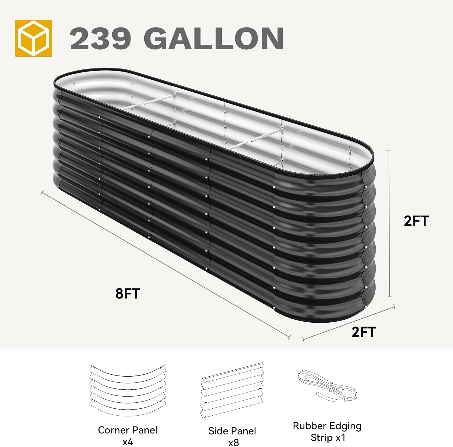 DWVO 24" Tall 9 in 1 Raised Garden Bed Kit, 8 x 2 ft Outdoor Galvanized Flower Bed with Safety Rubber and Gloves, Large Metal Planter Box for Vegetables, Flowers, Herbs, Fruits, Black
