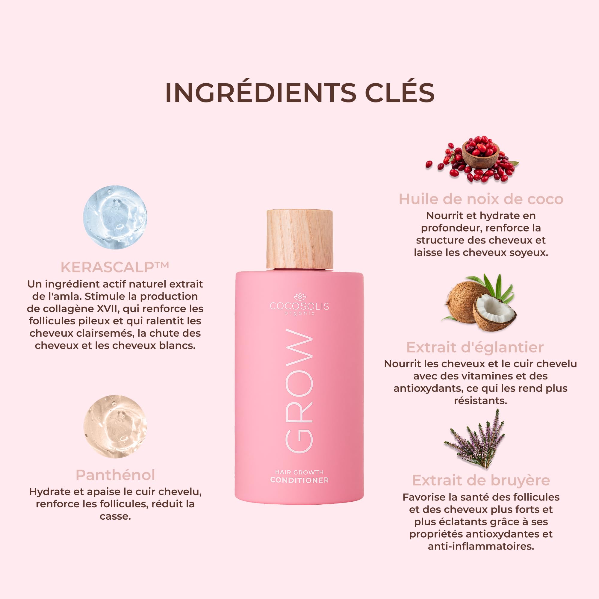 COCOSOLIS GROW Après-shampoing anti-âge et hydratant pour cheveux bouclés et secs, avec vitamine E et ingrédient actif