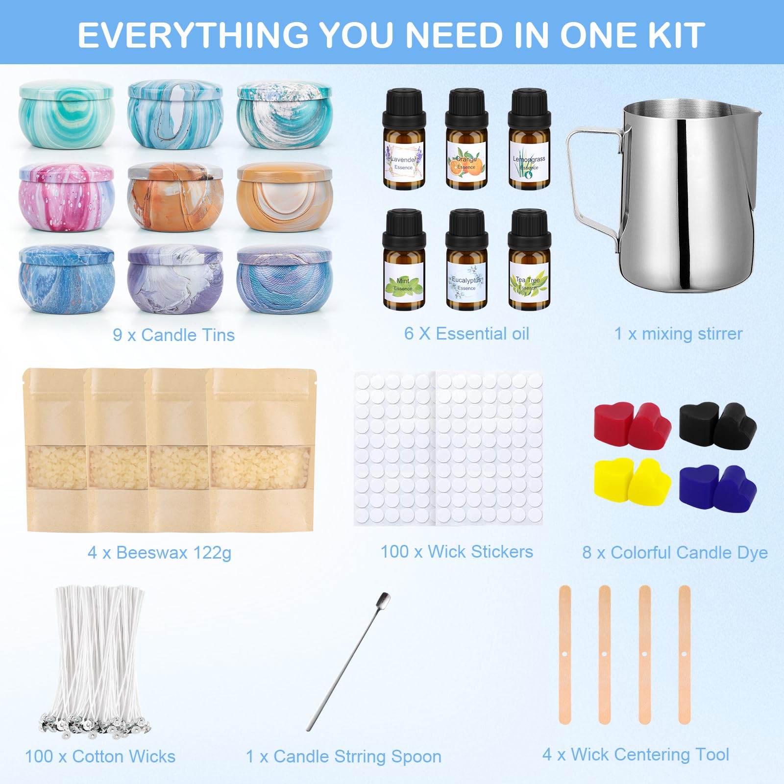 Kit DIY Bougies Parfumées - Cire De Soja Naturelle, 9 Pots Inclus - Créez Vos Bougies Maison Facilement !