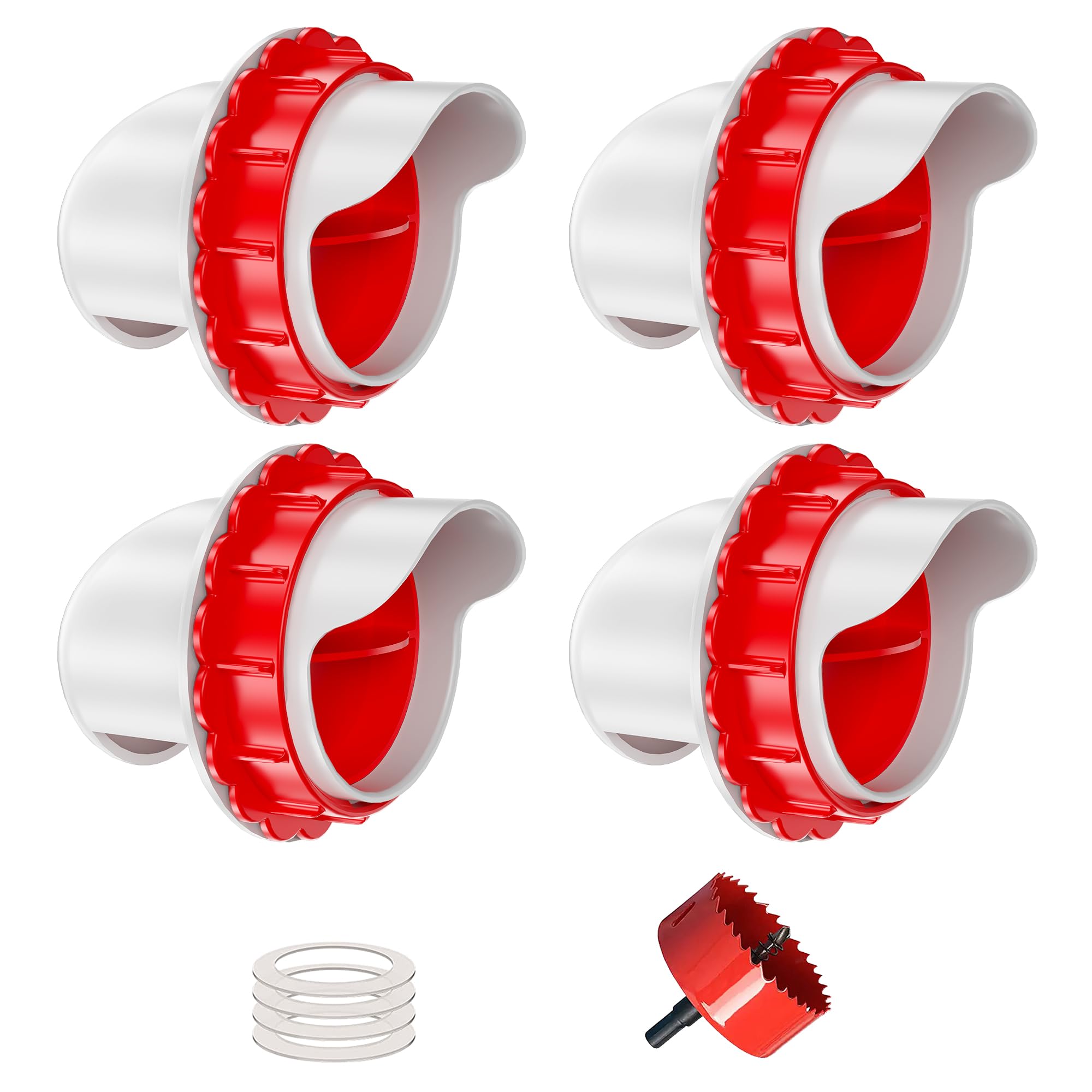 DIY No-Waste Chicken Feeder Kit – 4-Port Gravity Feed With Rainproof Covers, Hole Saw Included, Fits Buckets & Barrels (Red)