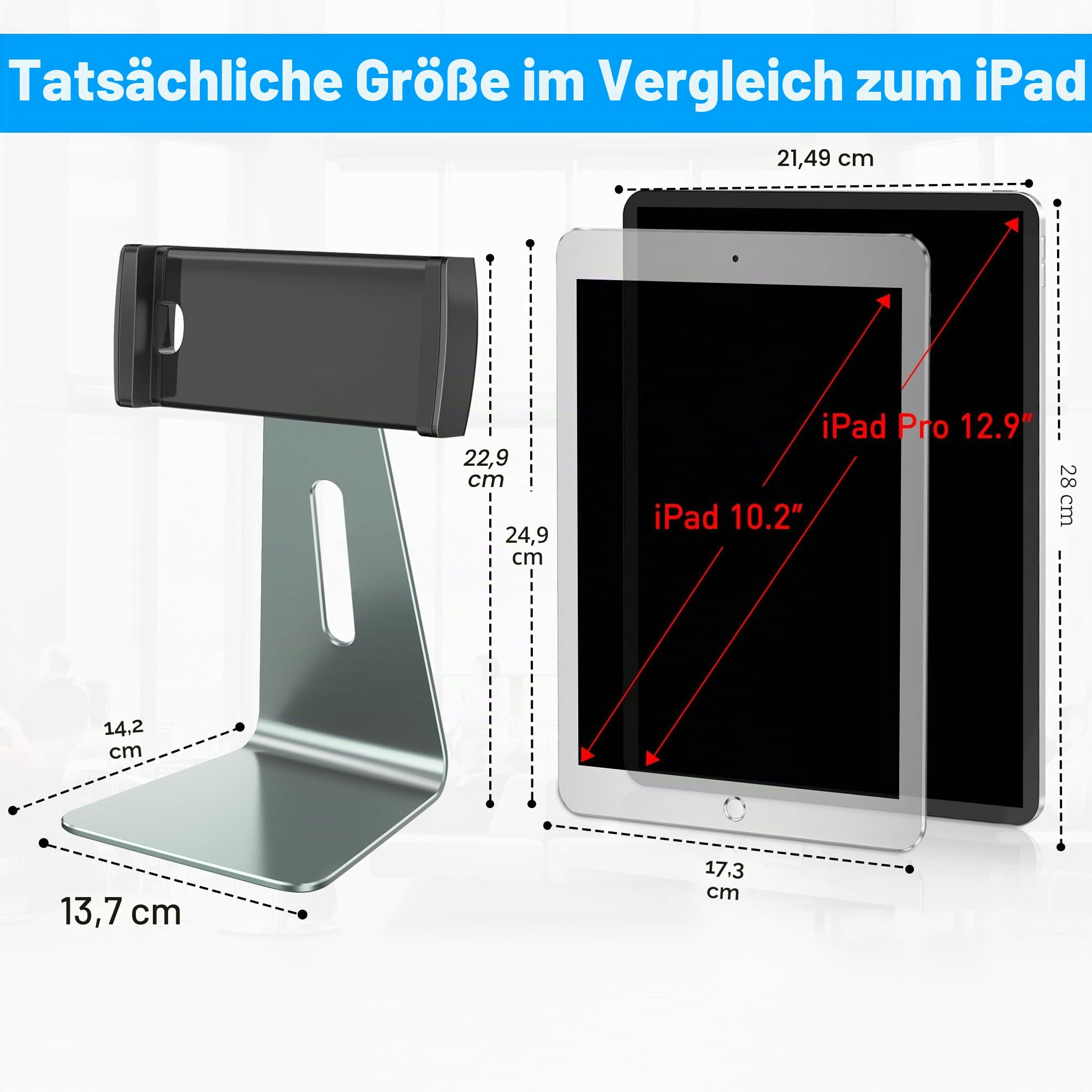 AboveTEK Verstellbarer Aluminium-Tablet-Ständer, 360° drehbarer Display-Halter für 7–12,9 Zoll iPad Pro/Air/Mini, Galaxy Tab & mehr – Perfekt für Küche, Büro, Rezeption & Ladenpräsentation
