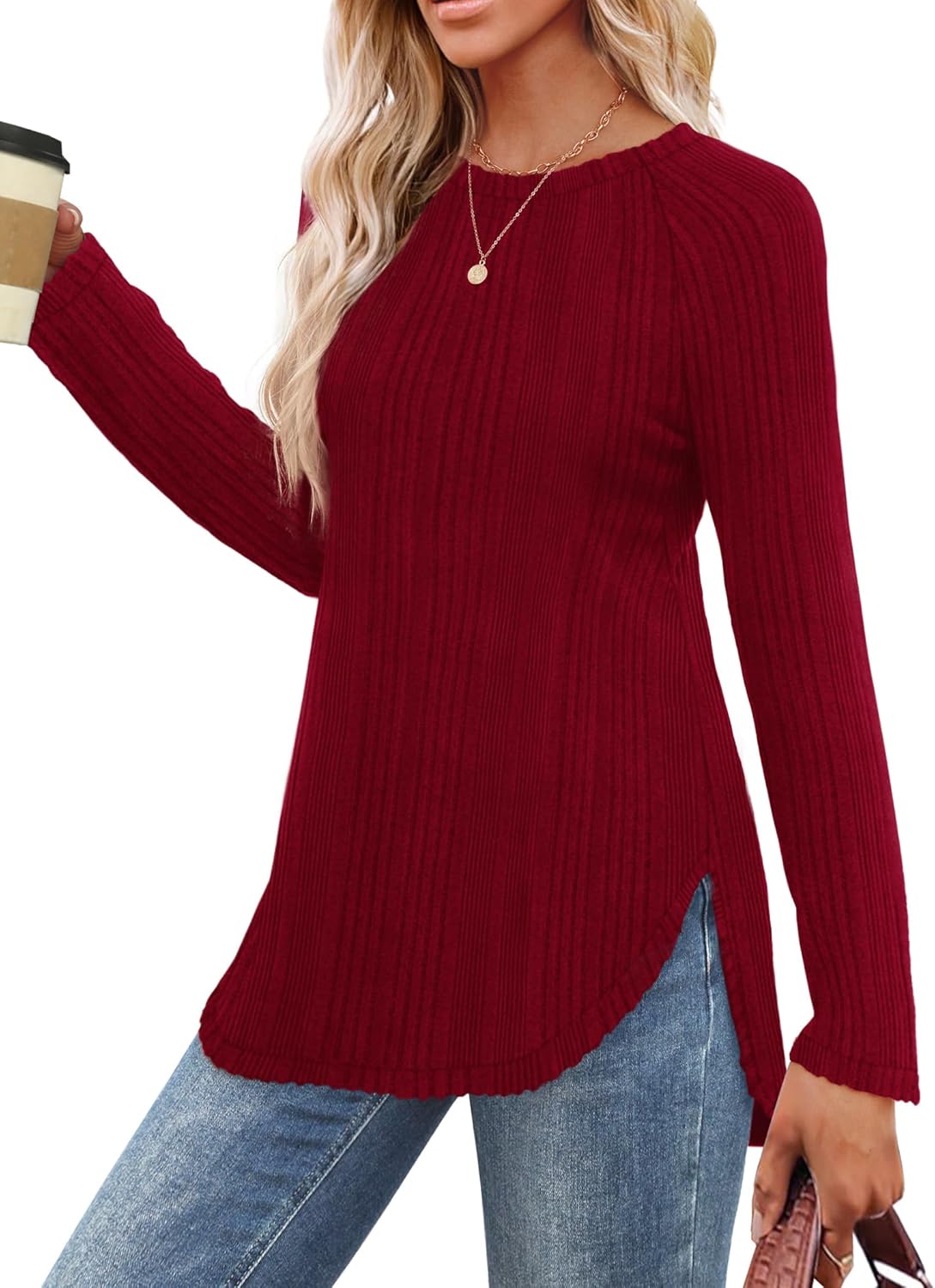 Saloogoe Long Sleeve Shirts for Women 2025 Fall Clothes Tunic Tops Loose Fit Dressy Crewneck Pullover Sweaters Curved Hem - Image 2