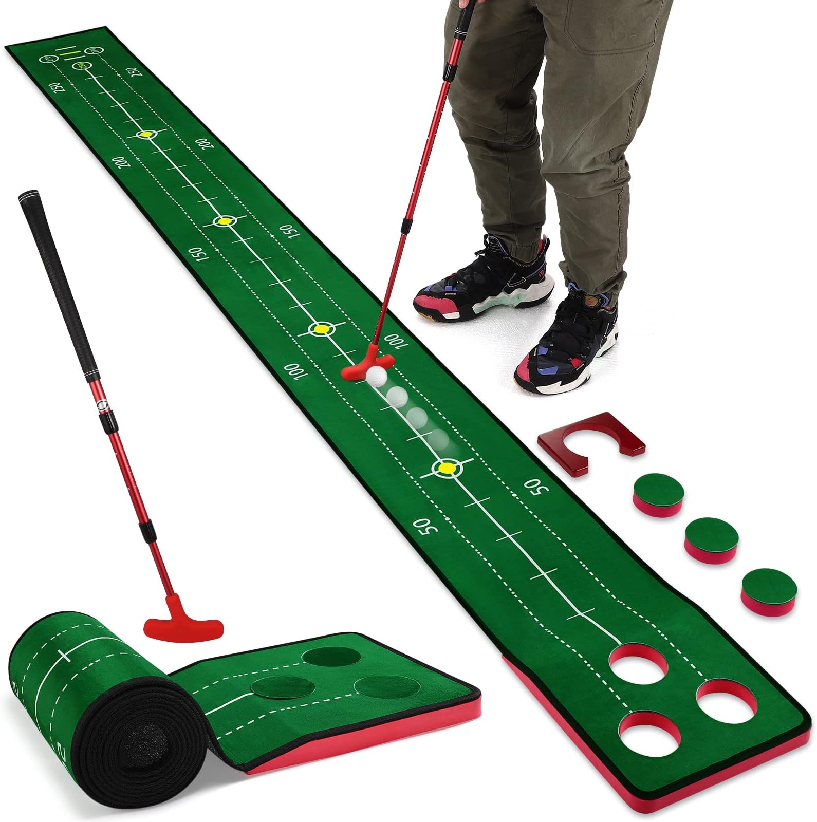 TOBWOLF 9.8FT Indoor Golf Putting Green Set, Crystal Velvet Golf Putting Mat with Alignment Guide Golf Putting Gate & Putter, Practicing Putt Green Carpet, Mini Golf Game Training Aid for Home Office