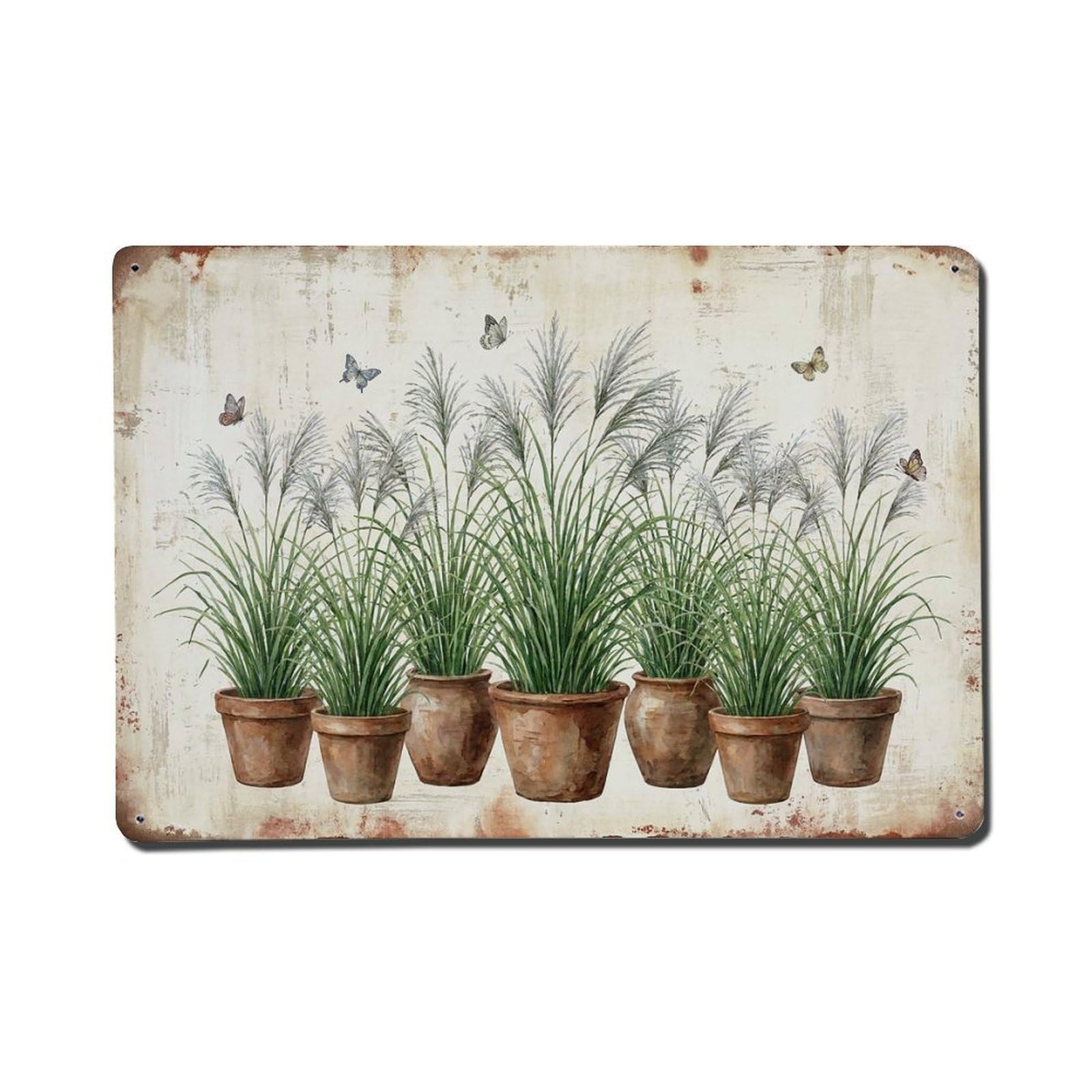 Vintage Rustic Flower Potted Plants Miscanthus Metal Tin Sign