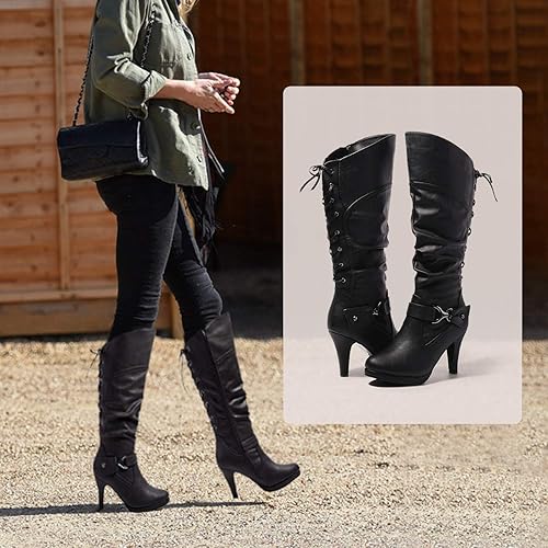Miniatura 7 de katliu Botas altas hasta la rodilla para mujer, con cordones en la espalda, botas de tacón alto holgadas