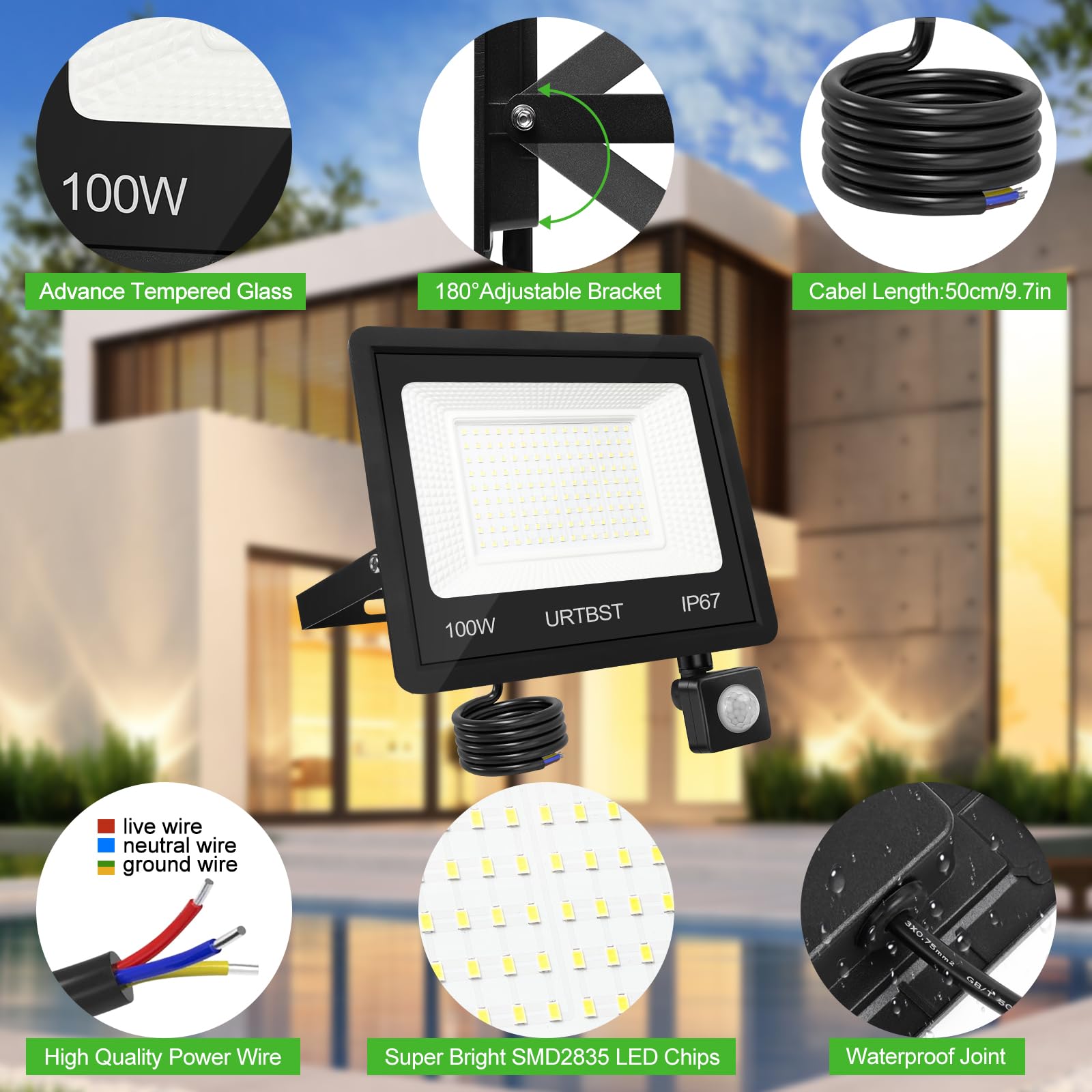 LED Strahler mit Bewegungsmelder Außen,100W 10000LM LED Strahler Außen,LED Fluter IP67 Wasserdichte,LED Scheinwerfer 7000K Kaltweiß Superhell Aussenstrahler für Garten,Innenhöfe,Hof (2 Stück)
