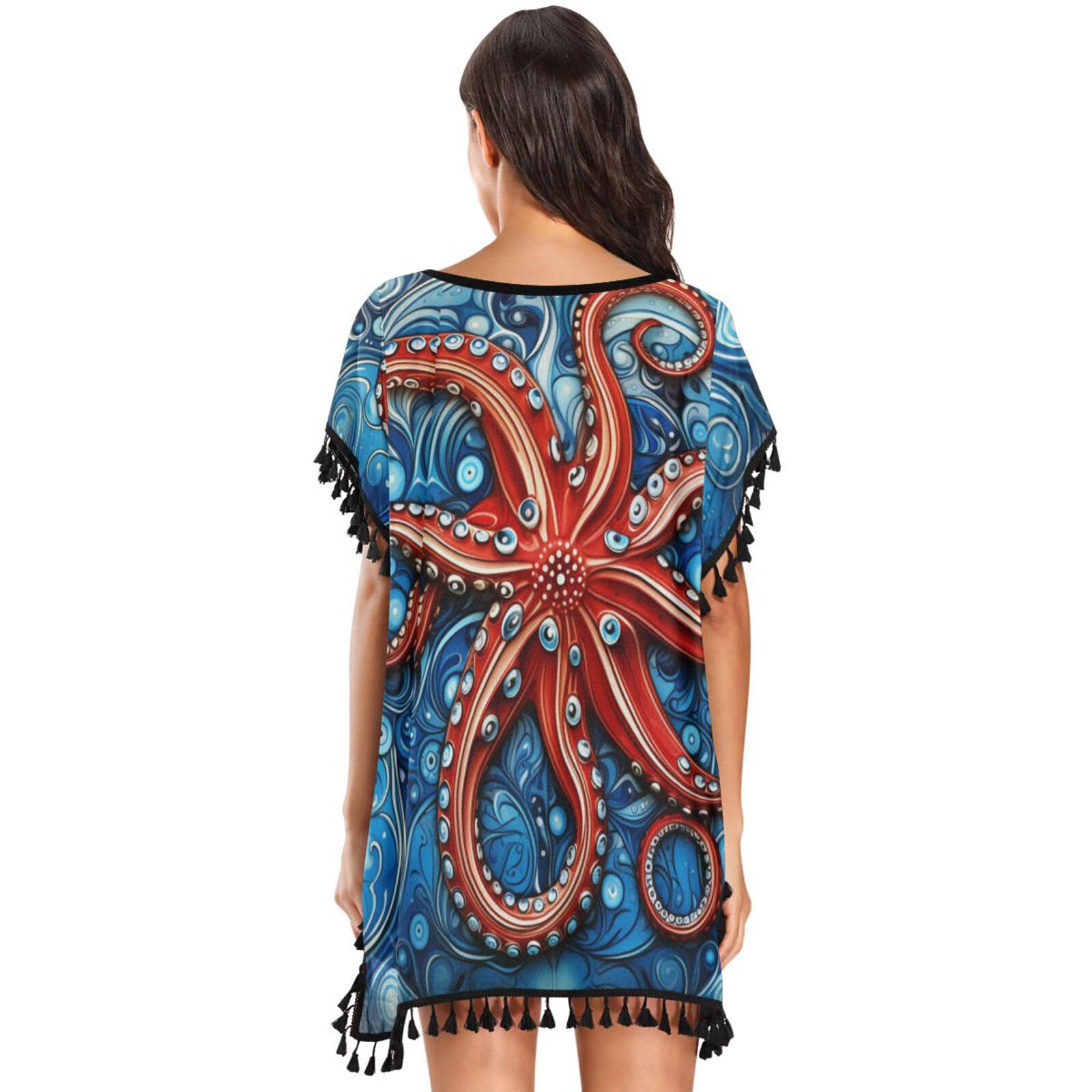 KAAVIYO Flower Octopus Abstract Blue Women's Beach Cover Up Chiffon Tassel Swimwear Swimsuit Coverups for Girl