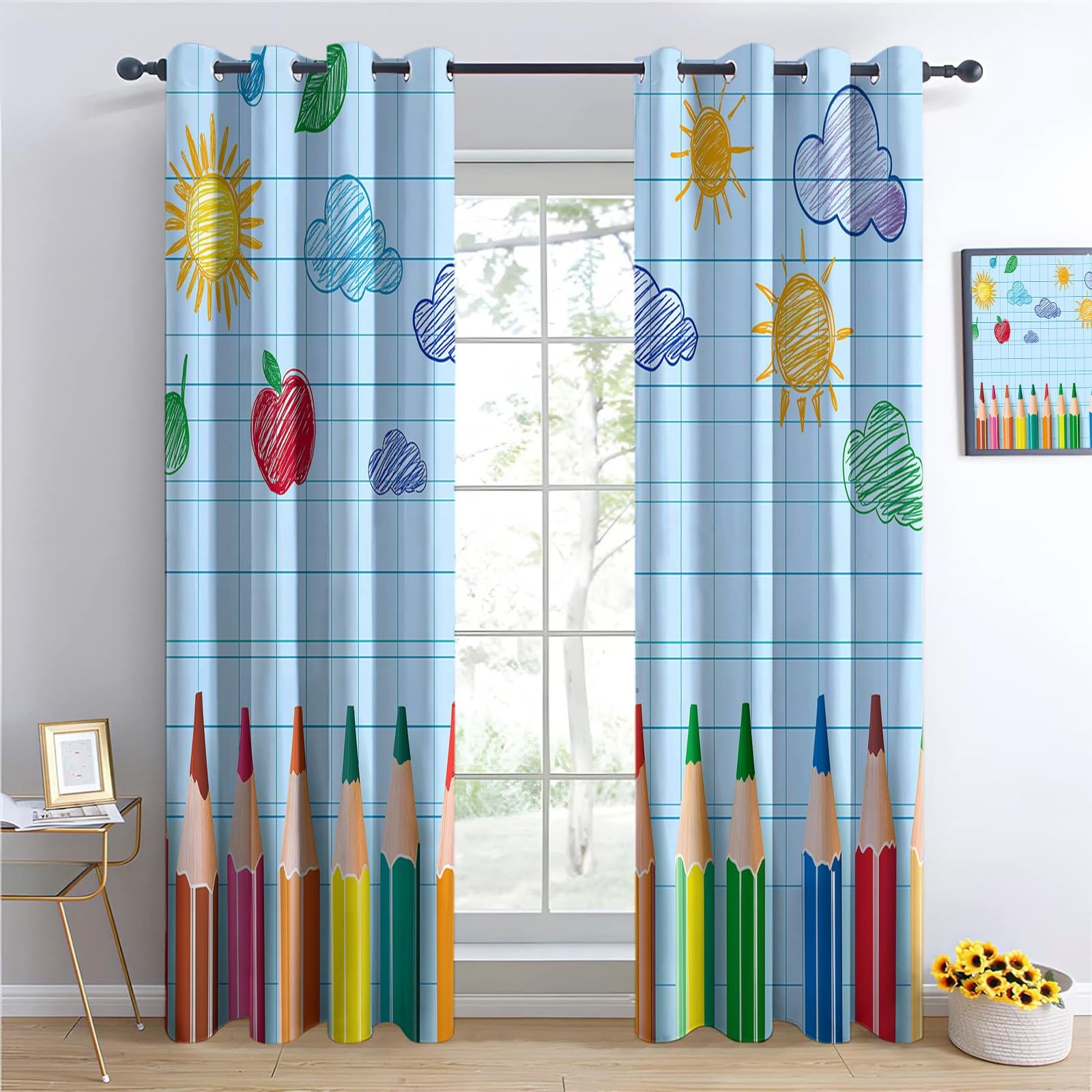 Rideaux Occultants Soleil Nuages, Draperies Opaque à Oeillets en Crayons Couleur - Rideaux de Thermique Anti-UV pour Chambre Salon Draperies Intérieurs 92L x 214H cm 2 Panneaux
