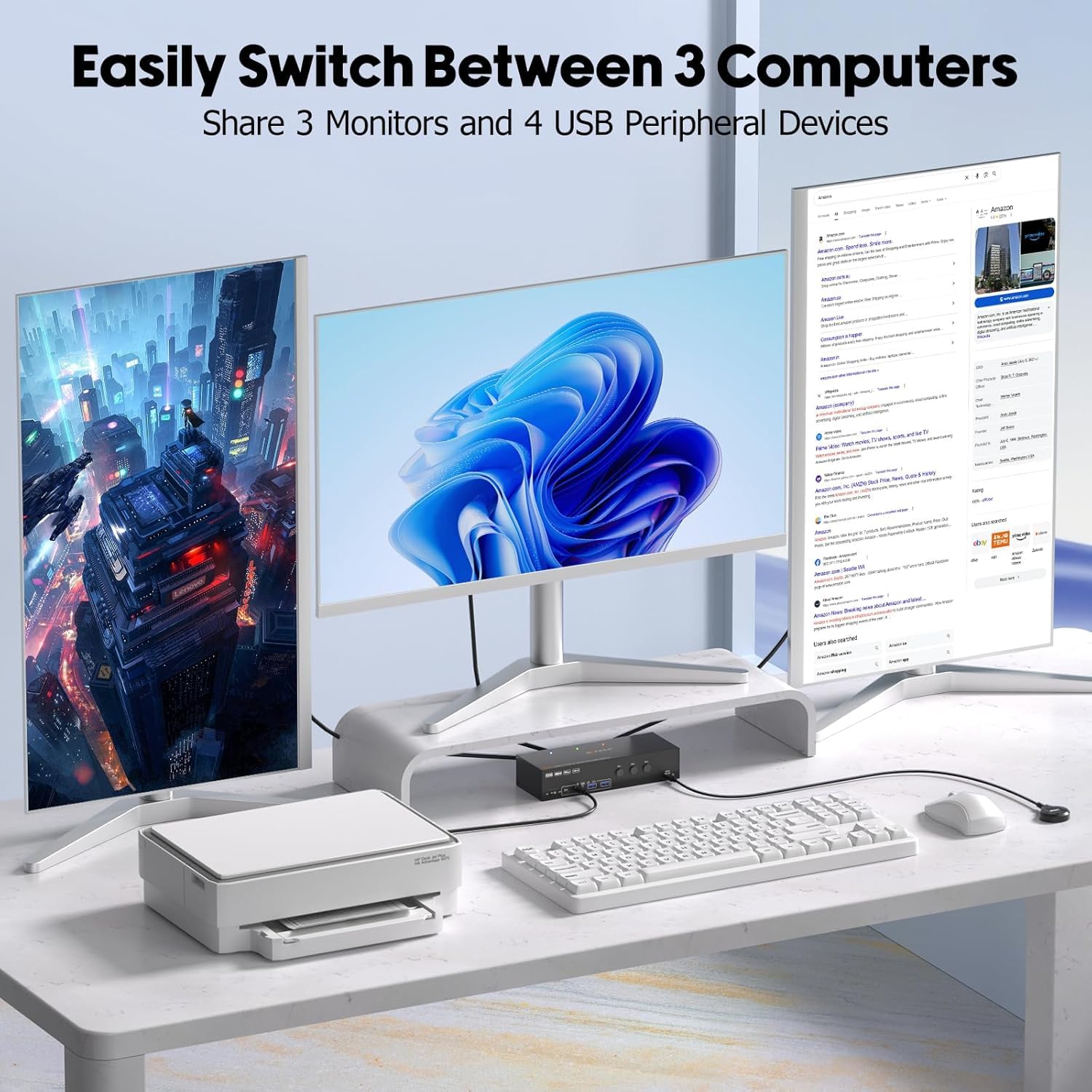 KVM Switch 3 PC 3 Monitores 4K@60Hz Simulación EDID, HDMI Displayport KVM Switch Triple Monitor para 3 PC Share 3 Monitor y 4 Puertos USB 3.0 Teclado Ratón Impresora, 3 cables USB Incluidos