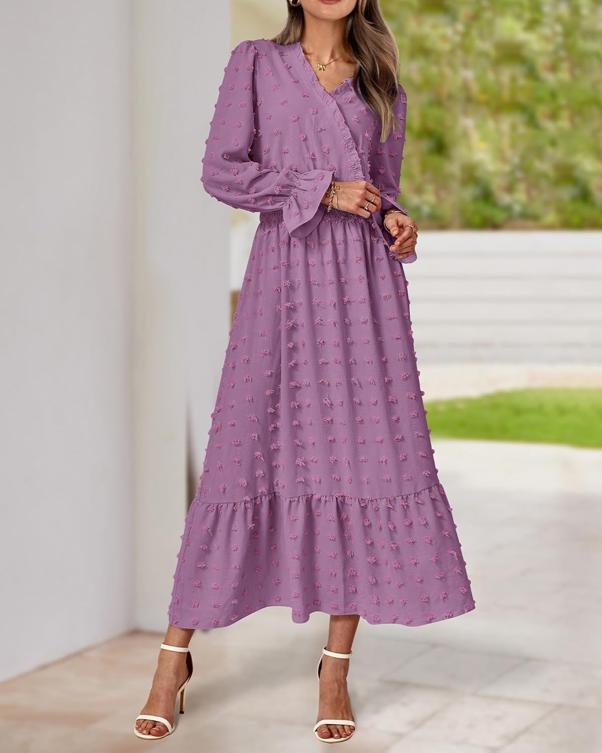 BTFBM Women Spring Maxi Dresses 2026 Long Sleeve V Neck Swiss Dots High Waisted A-Line Ruffle Boho Long Dress Vacation - Image 5