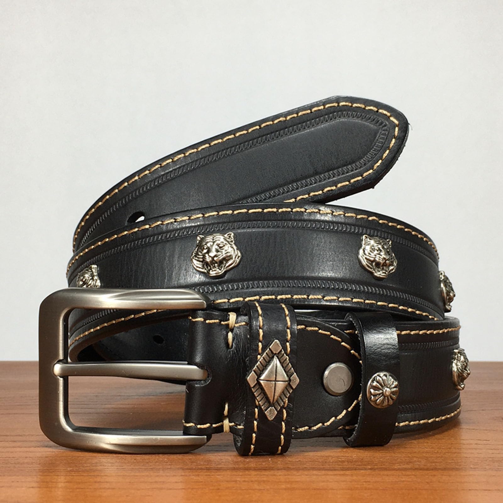 Cinturon Hombre Tachonado, Cinturón de Cuero Genuino Ajustable Rivet Retro Punk, Cinturones Occidental Remache Cabeza Tigre con Hebilla de Metal Aleación,Negro,110CM/43.3''