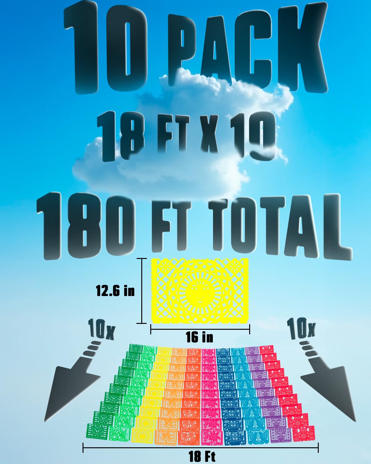 Carteles de fiesta mexicana de 180 pies (paquete de 10 con 10 banderas de plástico por pancarta) – Papel Picado Mexicano para Fiesta – Papel Picado de plástico – Decoraciones de fiesta temática de