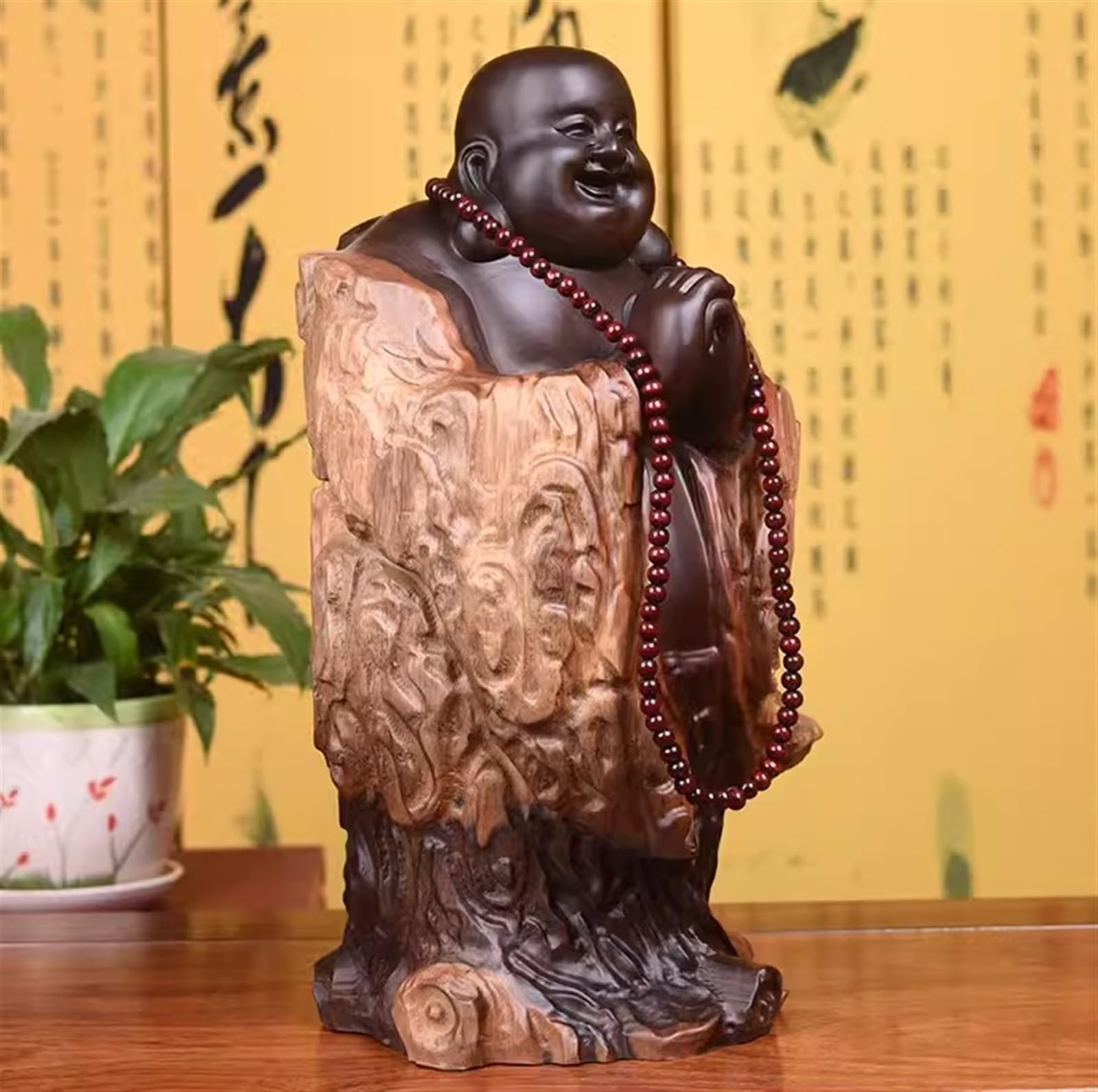 Ozdobna figurka, rzeźby z litego drewna Blackwood śmieją się do wystroju domu na biurko ogród posąg buddy (24 60 cm)