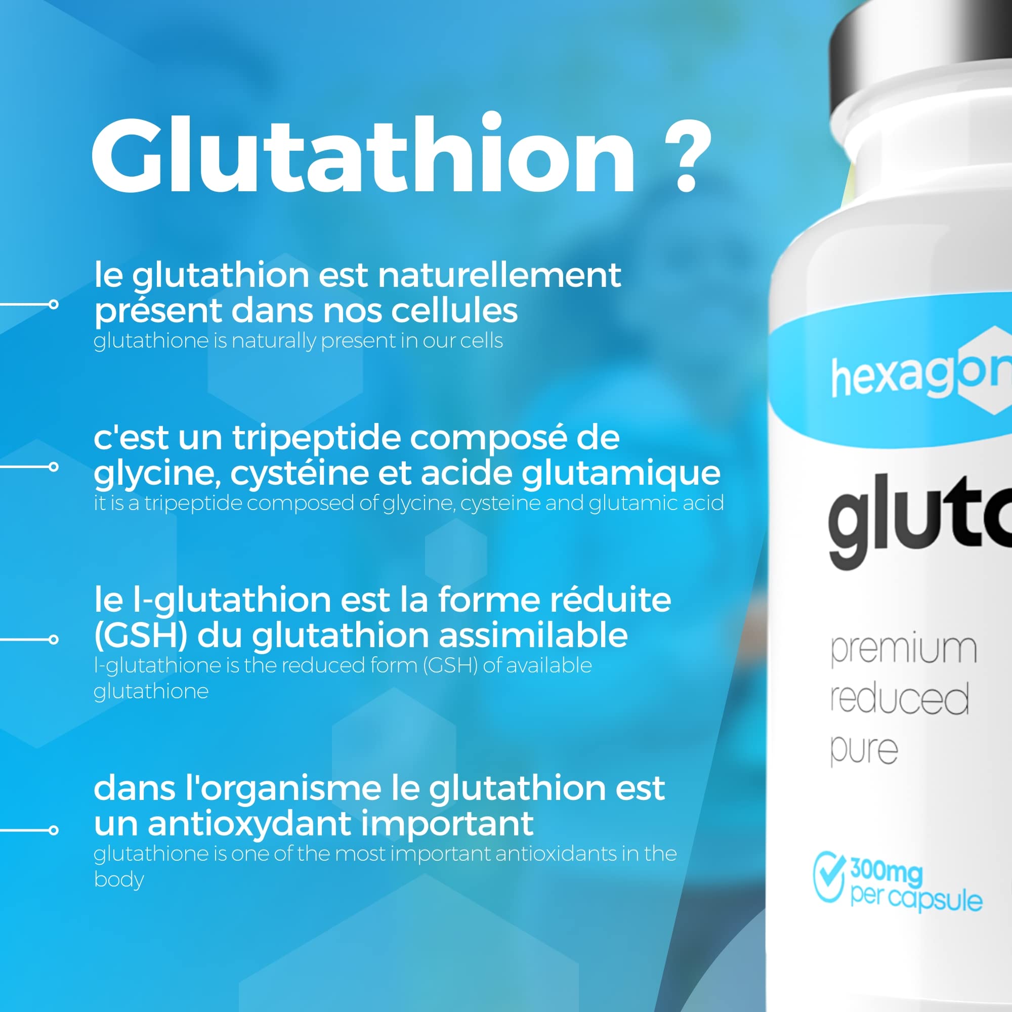 glutathione c'est quoi L-Glutathion 300mg - +2 Mois de Cure - Antioxydant & Détoxifiant - Boost  Glutathion, Peau Nette - Réduit & Disponible - 60 Gélules Végétales - Vegan  - Sans Additifs - Made in France