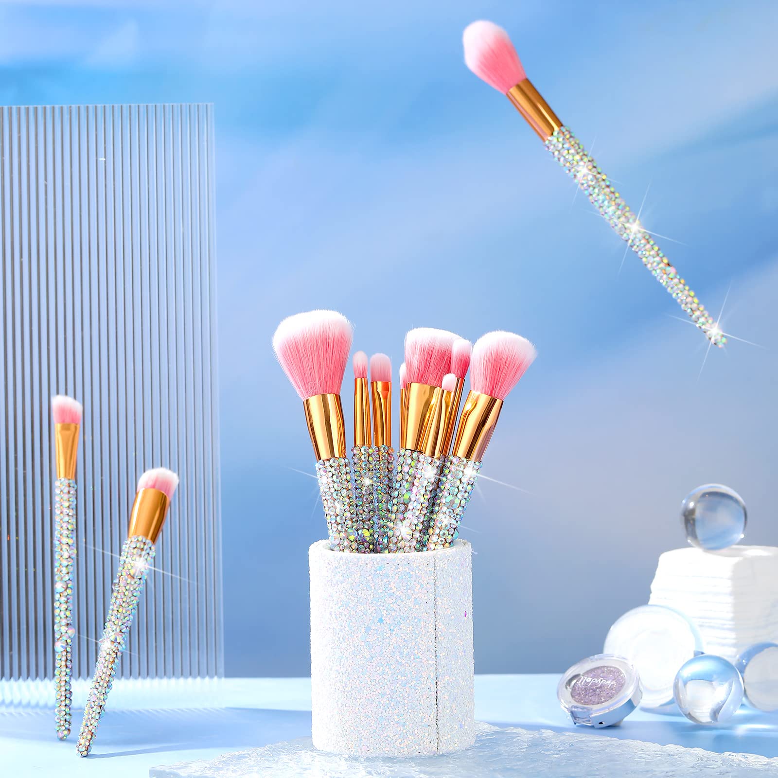 Rtteri 13 Pcs Rhinestone  Makeup Brushes Set Yellow Bling Crystal Professional Face Cosmetics Blending Liquid Foundation Powder Concealer Eye Shadows Make up Beauty Tool Glitter with Holder: Silver, Pink