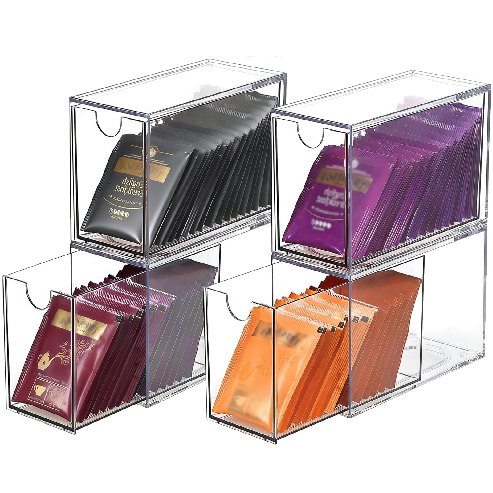 DAIRYCOF 4PCS Tea Bag Storage Box, Acrylic Clear Tea Organiser with Drawer, 16.5 x 7.6 x 10cm Tea Bag Storage Holder Stackable for Tea Bags, Coffee Capsules, Sugar Sachets Kitchen Counter