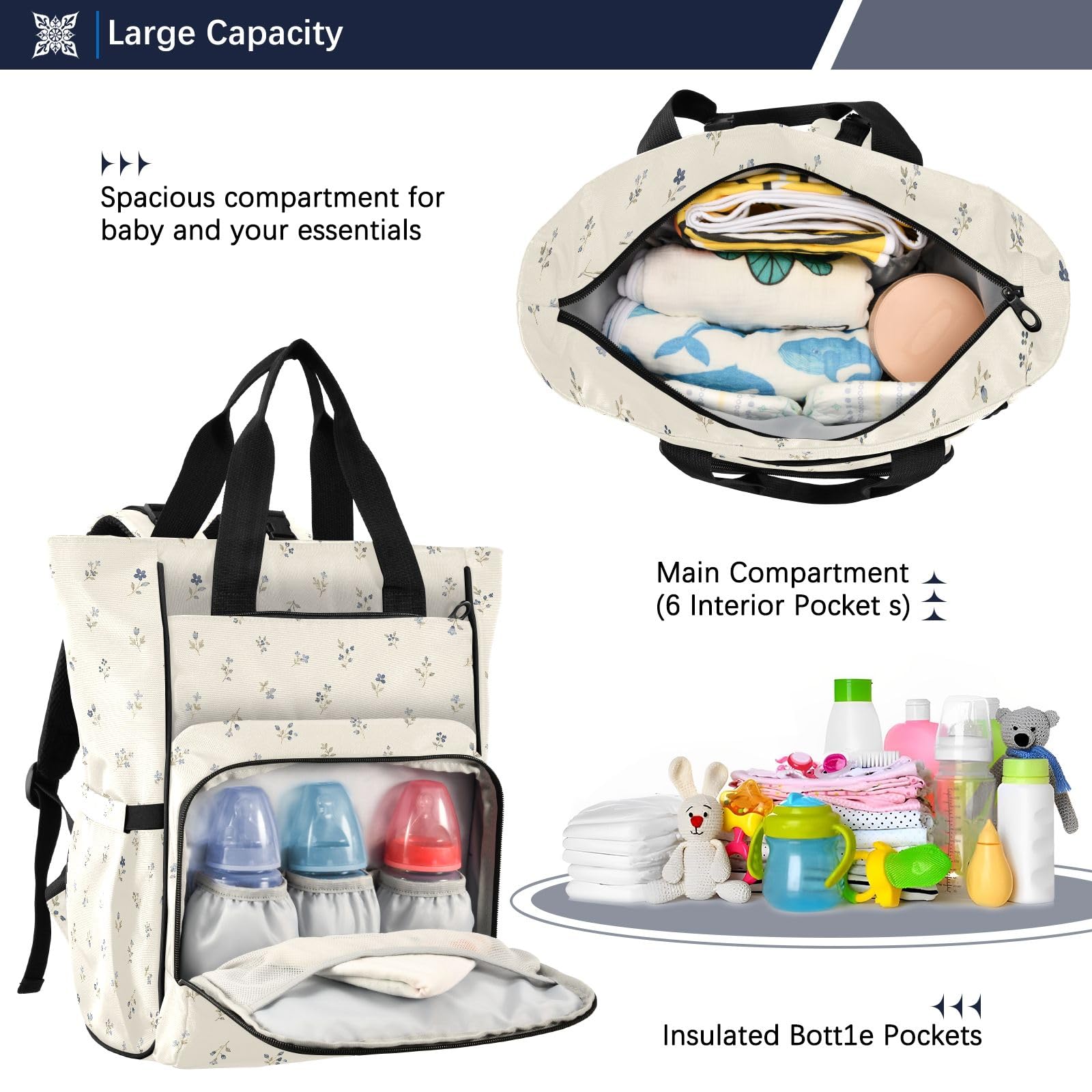 Mnsruu Blue Flower Baby Diaper Bag Zaino Grande Borsa Impermeabile Viaggio Pannolino Borse per Mamme e Papà