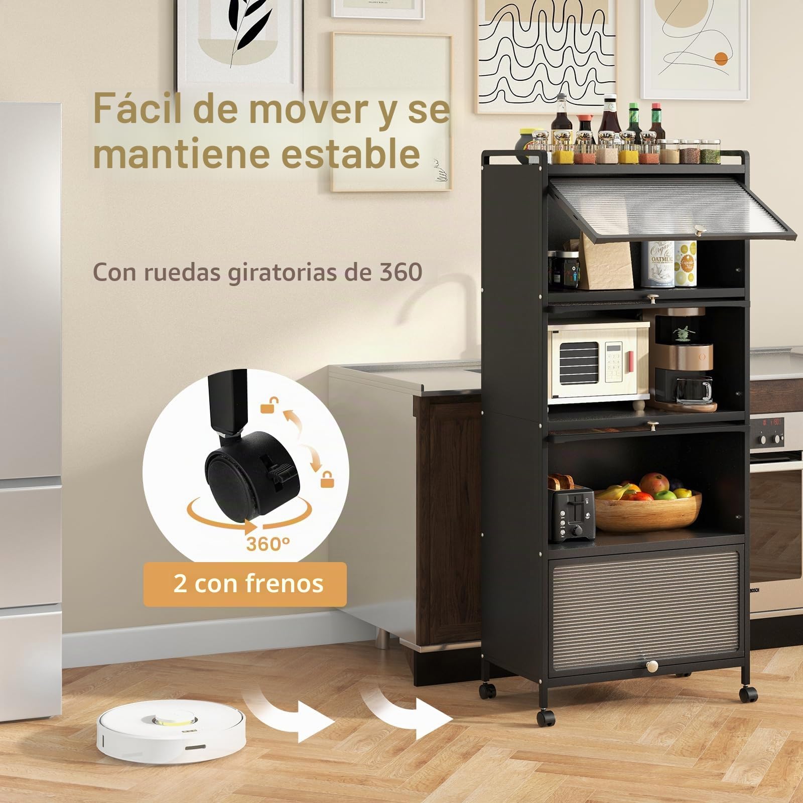 GOPLUS Estantería de cocina con ruedas, armario de cocina con 5 niveles, estantería de almacenamiento con puerta, estantería de pie de metal para salón, cocina, comedor, 60 x 32 x 154 cm (negro)