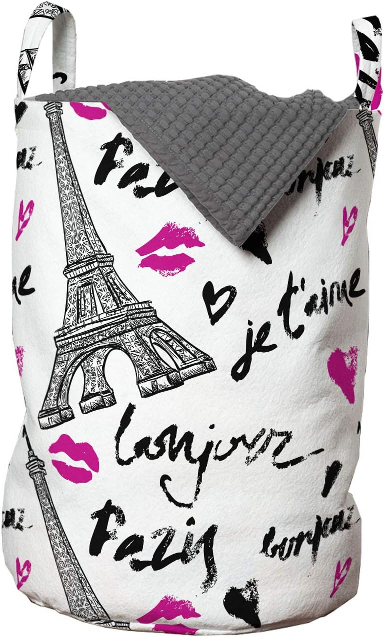 Ambesonne Paris Laundry Bag, Eiffel Tower Lipstick Kiss Heart Shape Words Love Touristic Architecture, Hamper Basket with Handles Drawstring Closure for Laundromats, 13" x 19", grey White