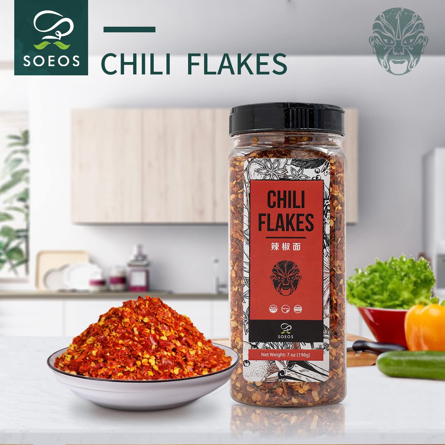 Soeos Fiocchi di peperoncino, 198 g, scaglie di peperoncino rosso medio caldo, essiccato e schiacciato, polvere di peperoncino premium per pizza, zuppa, frutti di mare e pasta