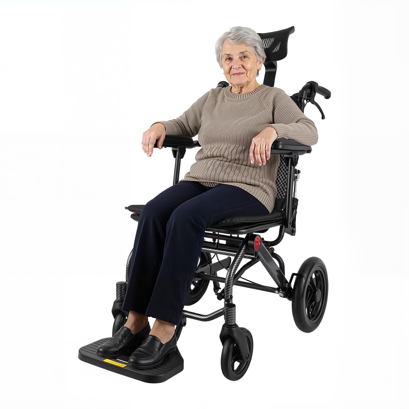 Silla de ruedas plegable reclinable de aluminio, capacidad de carga de 130 kg, respaldo ajustable de 90° a 175°, reposacabezas, reposabrazos de 360° para personas mayores
