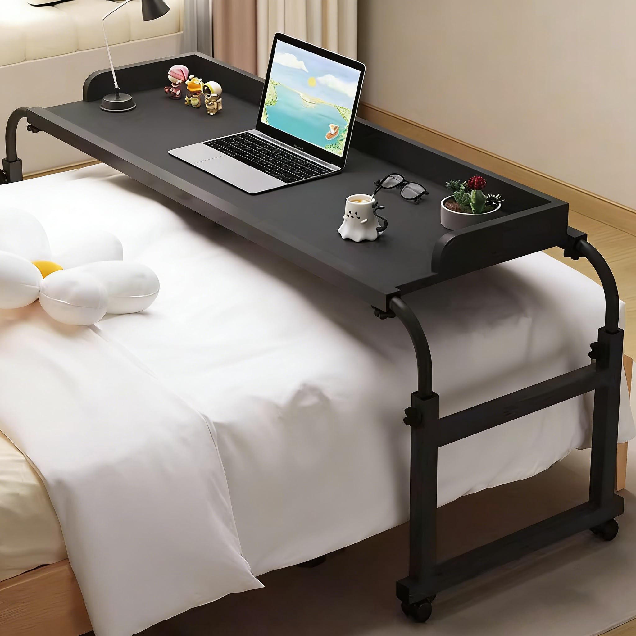 Höhen und Breitenverstellbar Rollender Laptop-Schreibtisch，Essenstablett Schreibtisch Rollender Medizinischer Tisch Überbetttisch mit Rädern Fauler Schreibtisch(Color:Nero)