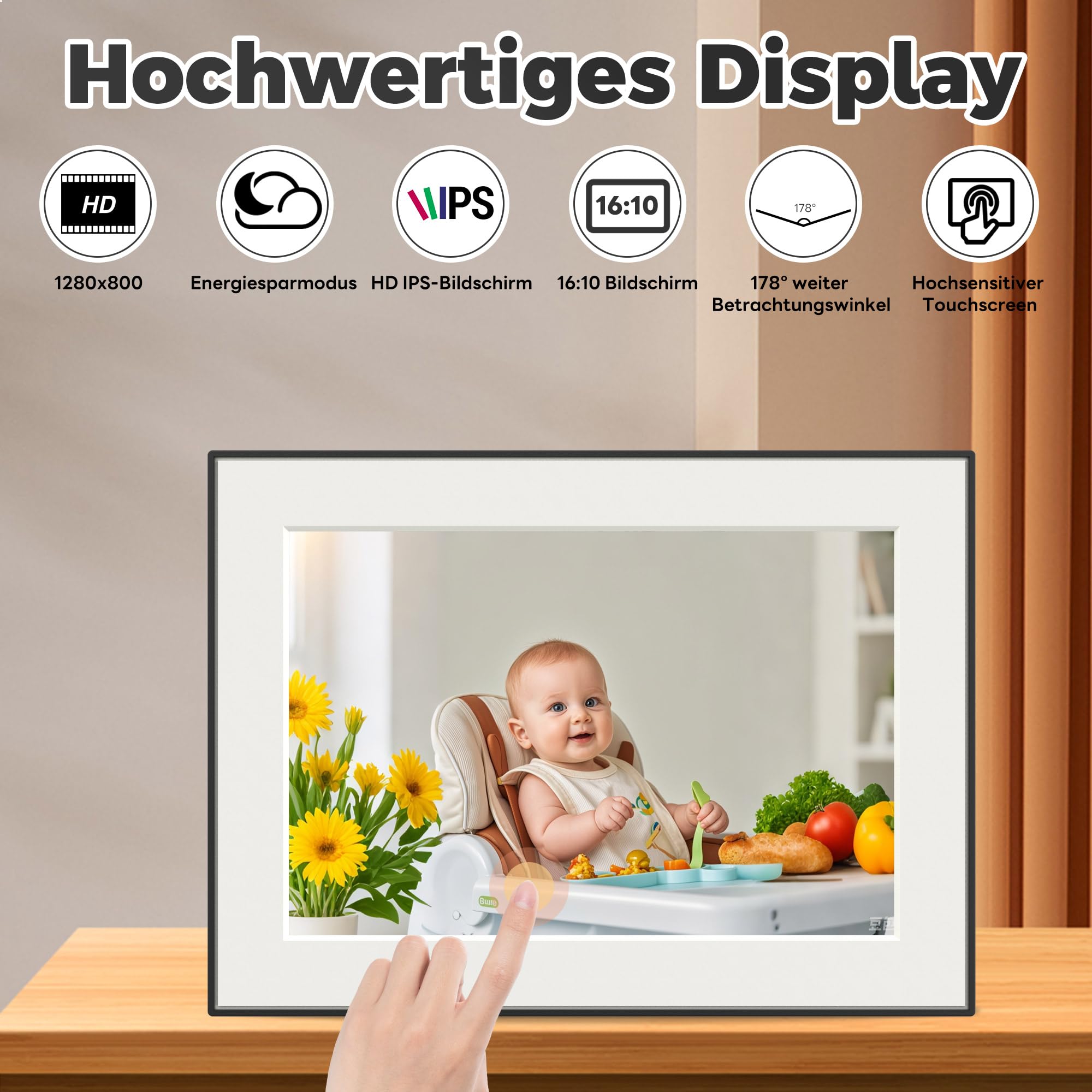 Frameo WiFi Digitaler Bilderrahmen, 10,1 Zoll 32GB Digital Photo Frame 1280x800 IPS HD Touch Screen, Automatische Drehung, sofort Fotos/Videos teilen via Frameo-App von überall.