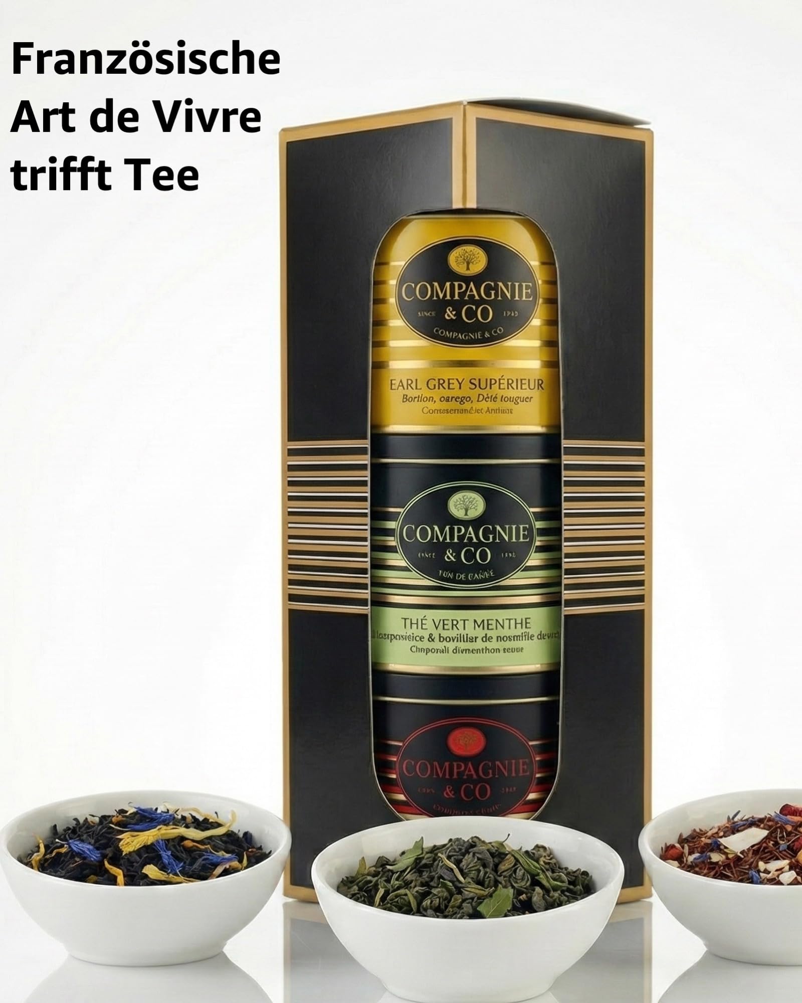 Edles Trio Tee-Geschenkset: Earl Grey, Rooibos Tropiques, Grüner Tee Menthe | Drei Sorten, schmuckvolle Aromadosen, Tee Geschenkideen, Premium Tee, Geschenk für Teeliebhaber, Christmas Hamper