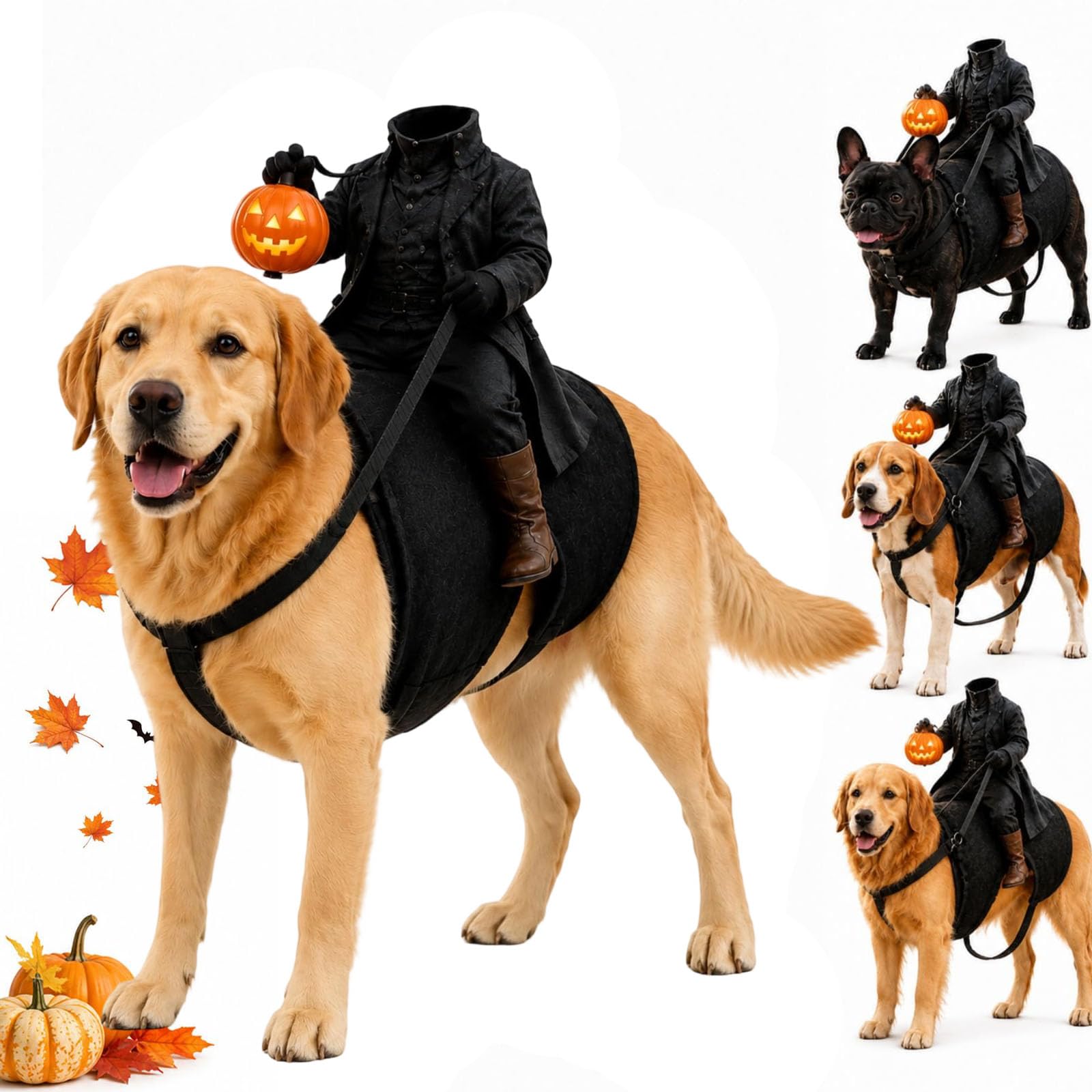 Light-Up Headless Horseman Pet Costume, Pumpkin Rider Harness，M