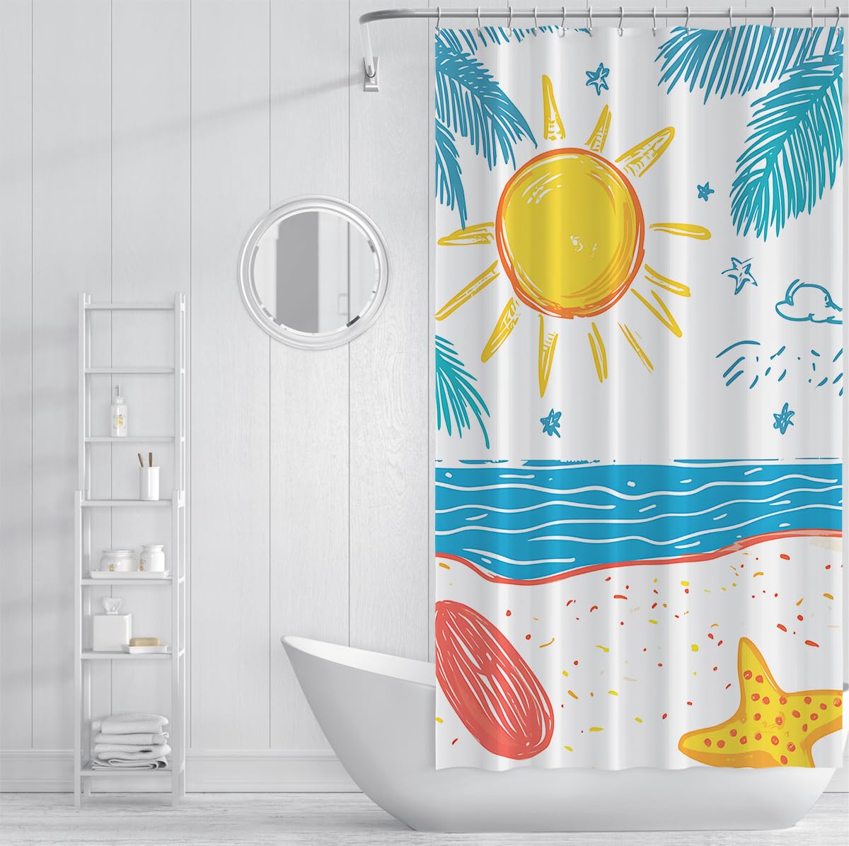 Cortinas de Ducha de Verano Dibujadas a Mano W150xL200cm grafitis adorables Sol Estrella de mar Palmera Estampada decoración de baño Infantil Impermeable Resistente al Moho con Ganchos
