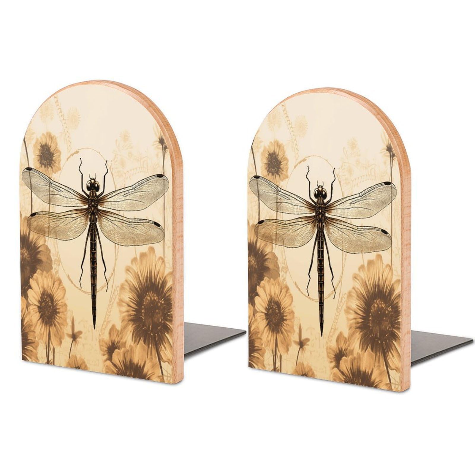 Dragonfly on Sunflower Bookend Non-Skid Wooden Bookends for Shelves Heavy Duty Wood Book Ends Decorative Book Stopper Book Stand Non-Slip Book Organizer for Home Office Library