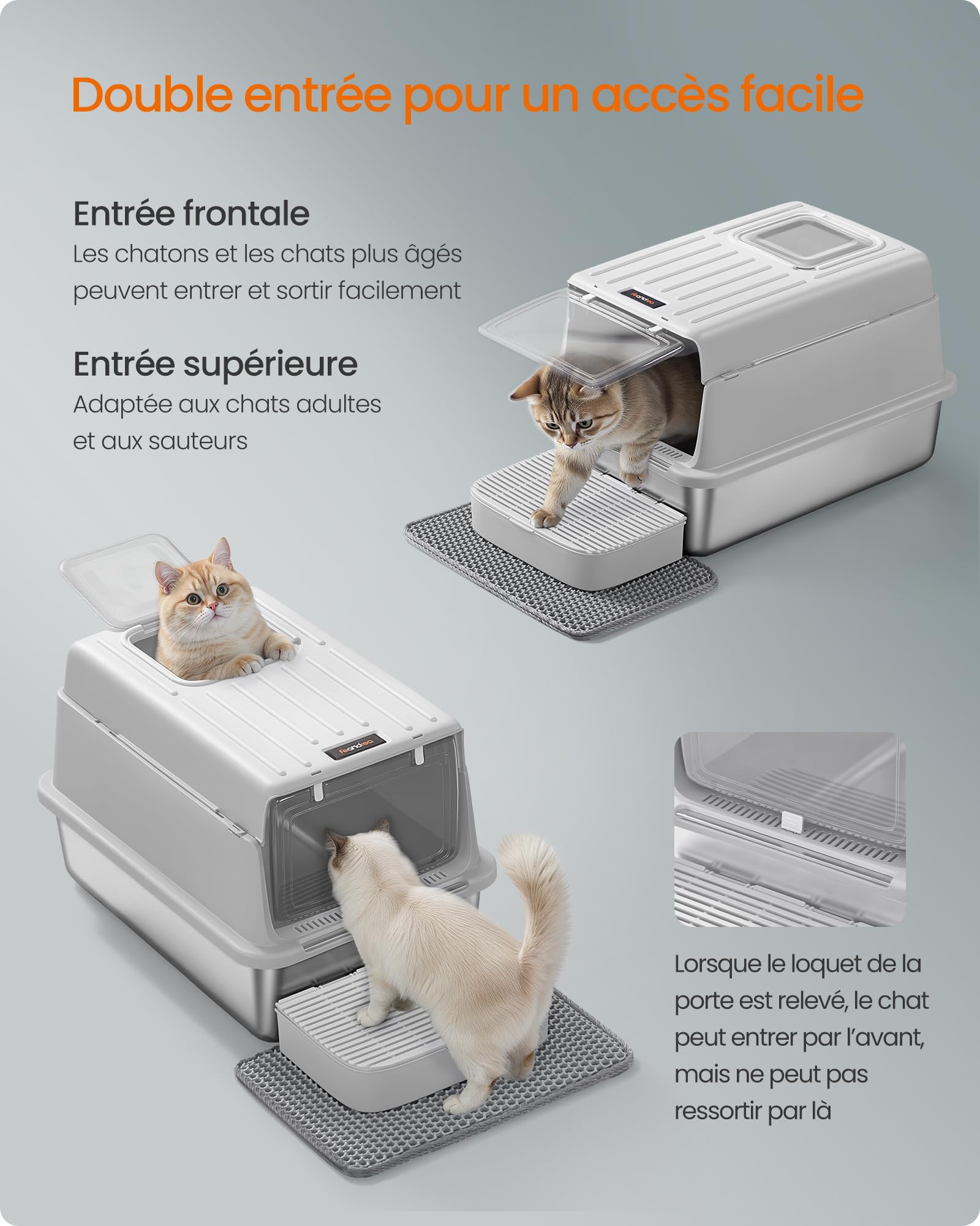 Feandrea Bac à Litière pour Chat, en Acier Inoxydable, avec Couvercle, Pelle, Tapis pour Litière et 2 Entrées, pour Chats Jusqu’à 15 kg, Gris Clair PPT007GD01