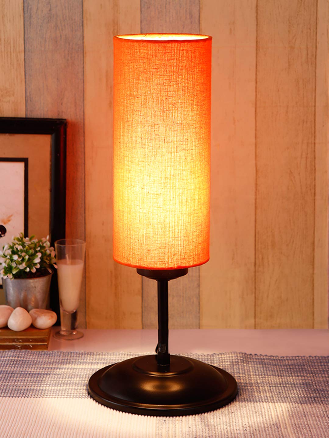 Devansh Cylindrical Orange Cotton Shade Table Lamp with Black Base (Size : 6.75x6.75x16.1 Inches)-picture-17