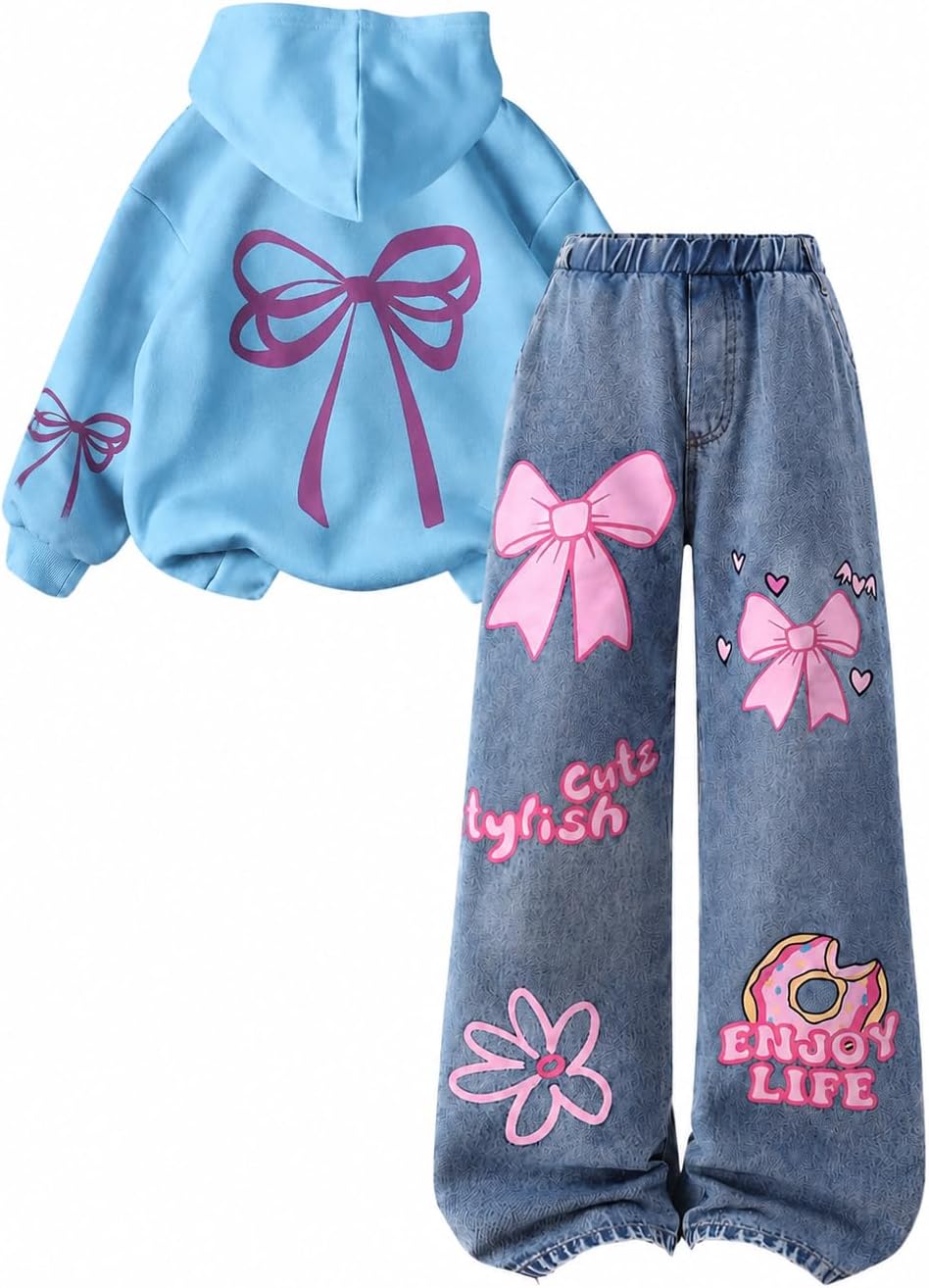 Cakaner Girls Clothes 2 Piece Cute Hoodie and Jeans Fall School Outfit Set