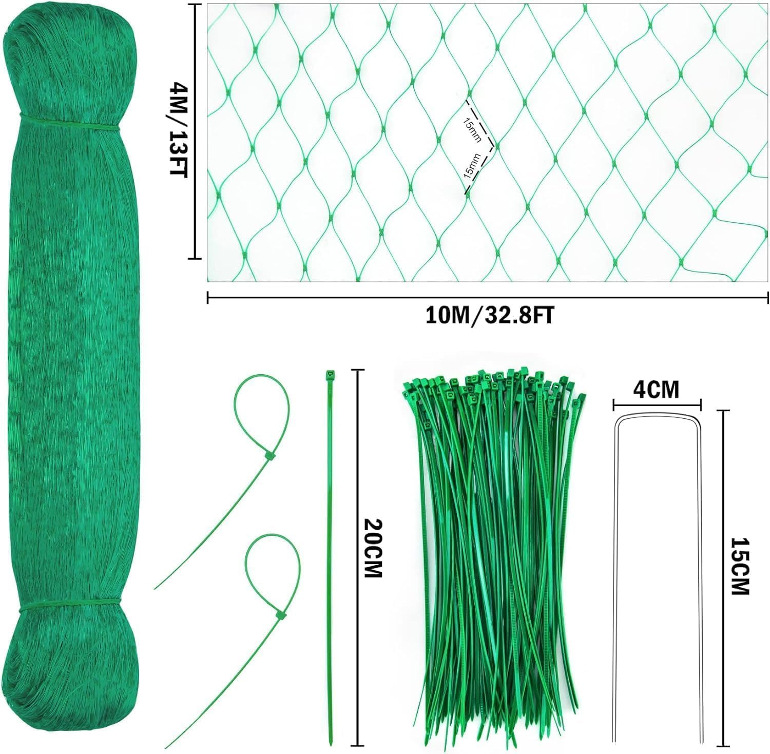 4×10M Bird Netting for Garden Green Garden Netting Mesh with 50 Cable Ties & 10 Nails, Pond Cover, Plant Protection - Image 2