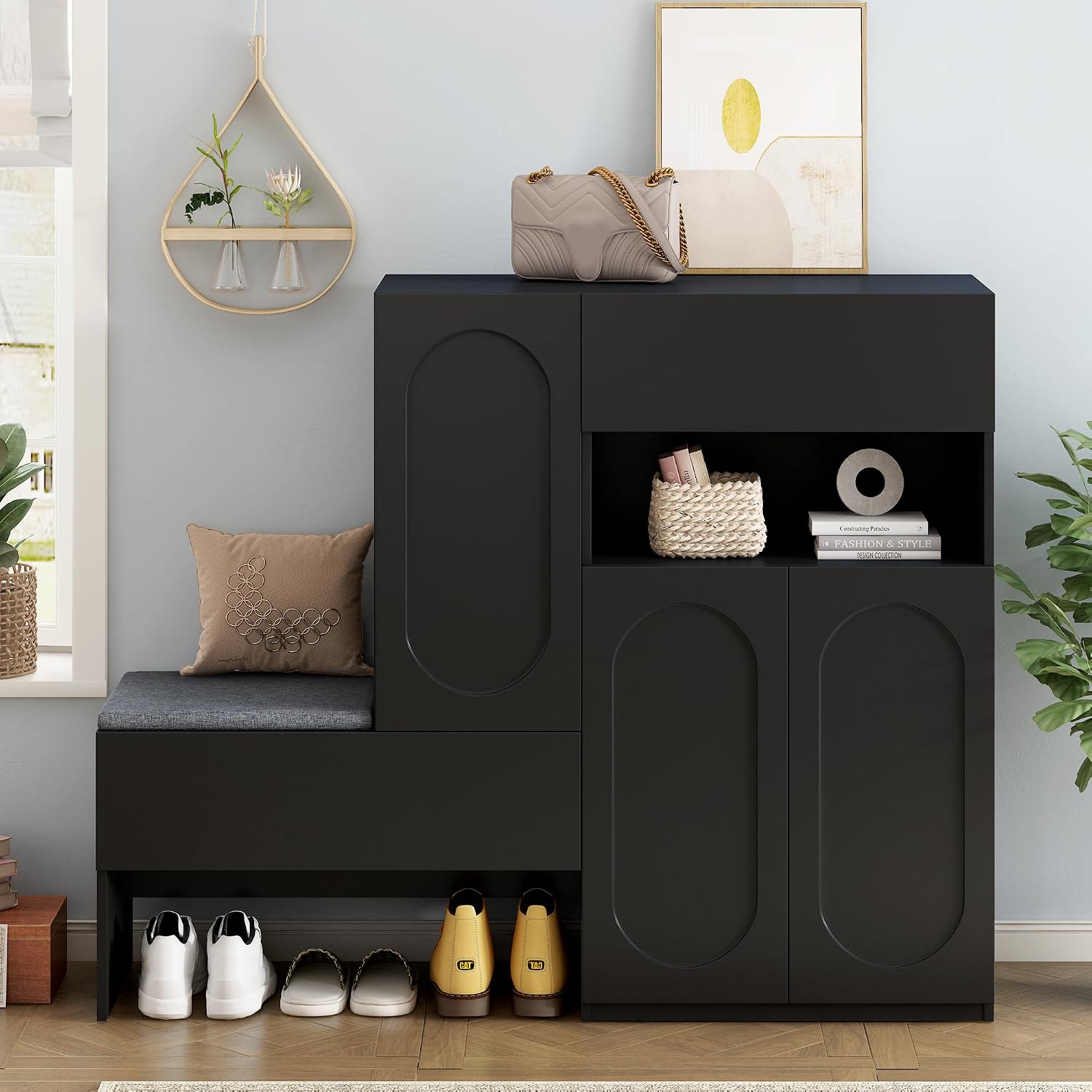 PILLOBOX 2-in-1 Shoe Cabinet and Bench with Soft Cushion, Multi-Purpose Shoe Organizer, Adjustable Shelves, Arched Doors & Rebound Devices, for Hallway or Living Room (Black + Particle Board+MDF)