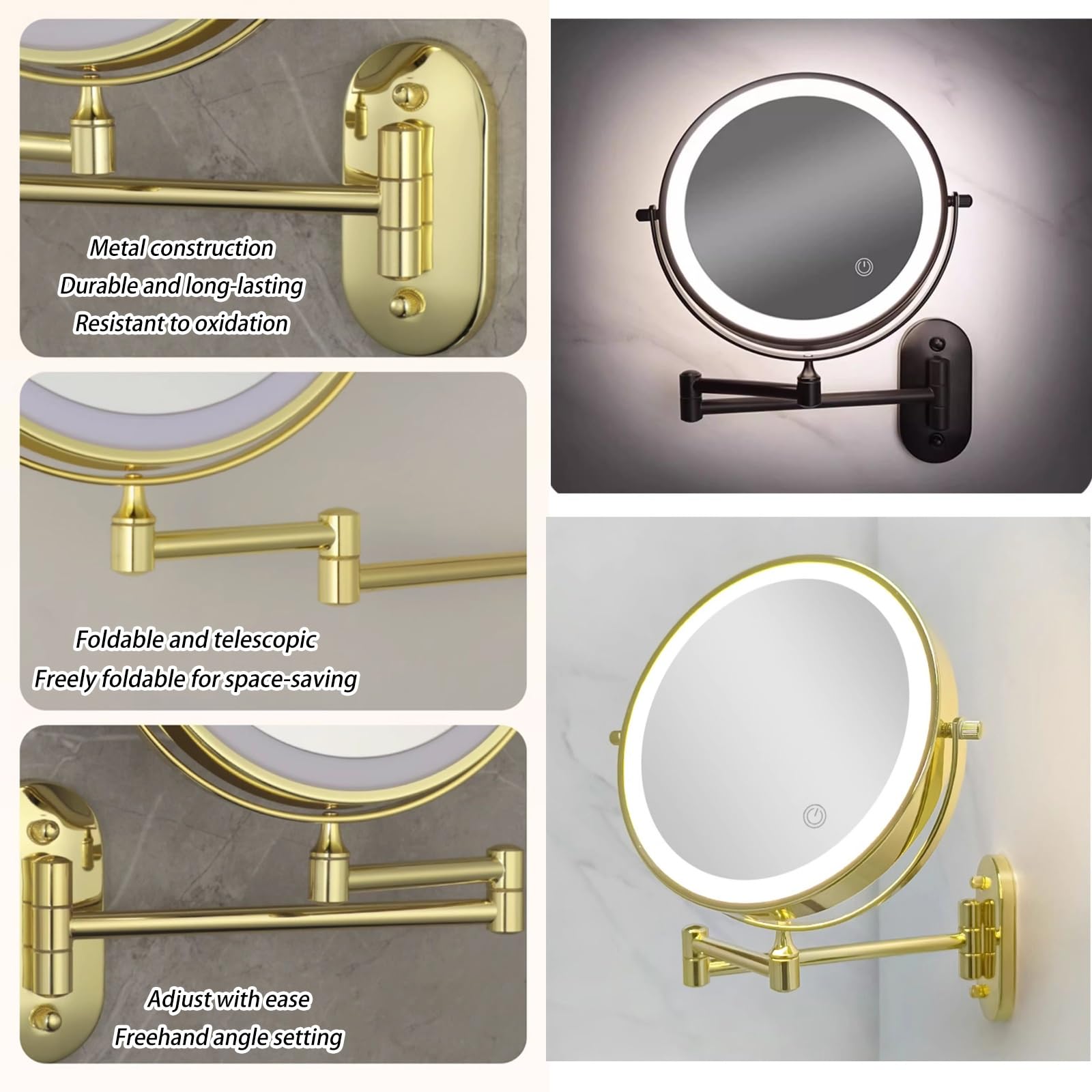 Specchio Per Trucco Illuminato A Parete Ricaricabile, Specchio Cosmetico LED Bifacciale Da 8 Pollici Ingrandimento 1X/3X, Touch Screen A 3 Luci Colorate Dimmerabile(Noir)