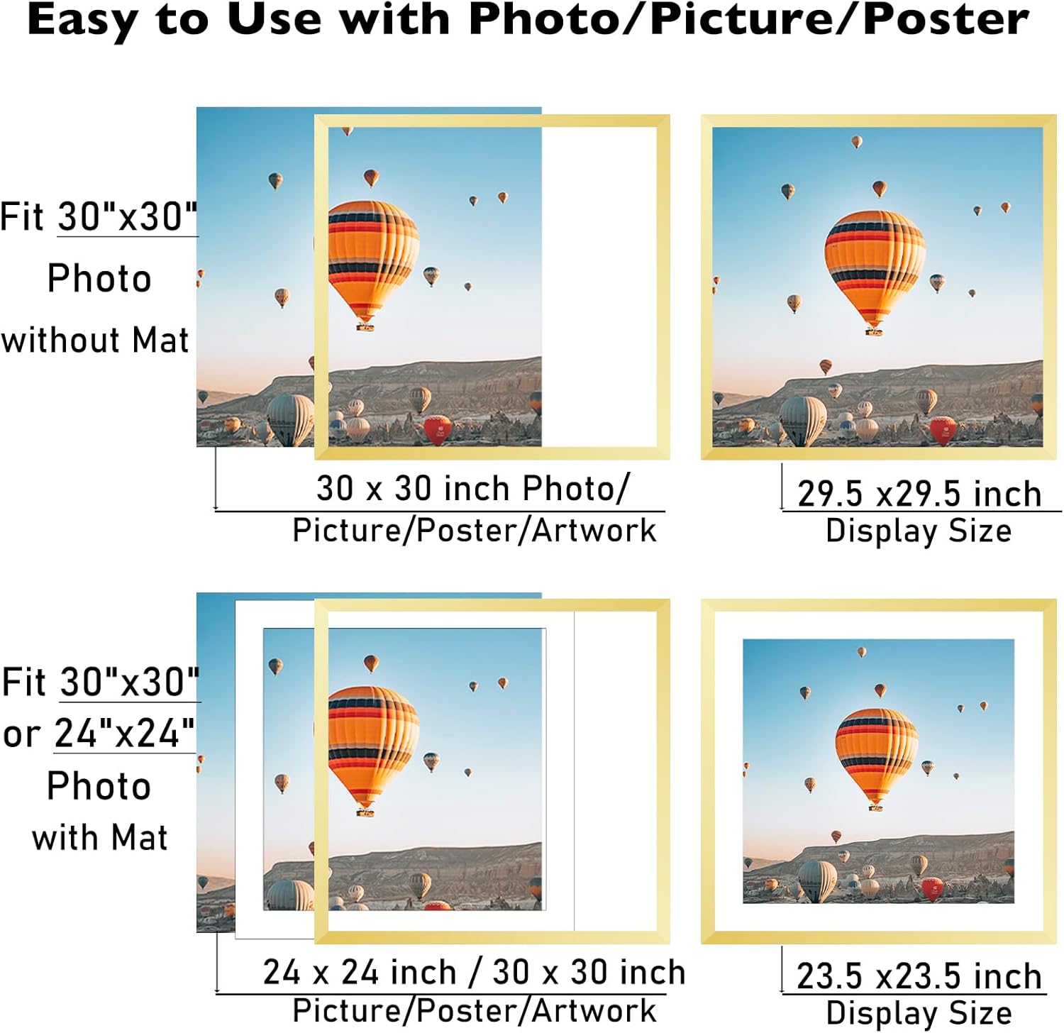 30x30 Picture Frame Gold with 24x24 Mat, Display Photo 24x24 with Mat or 30 x 30 Without Mat, Wall Hanging Large 30x30 Poster Frame with Shatter Resistant Plexiglass, Gold Gold 30x30 inch
