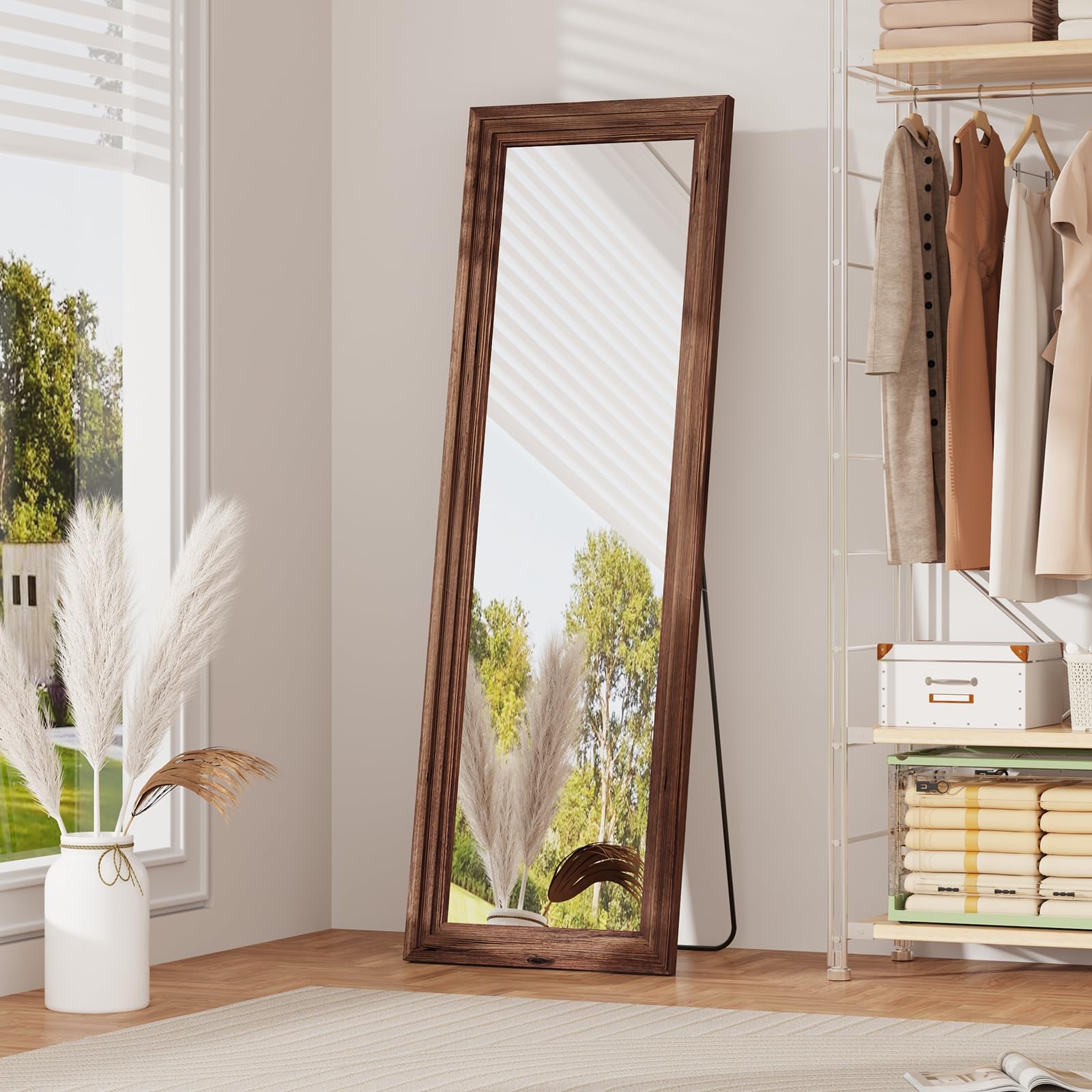 MAXEN Großer Ganzkörperspiegel 165x56 cm, Standspiegel & Wandspiegel mit Massivholz-Rahmen, Rechteckig, Bruchsicher, für Schlafzimmer & Wohnzimmer, Braun